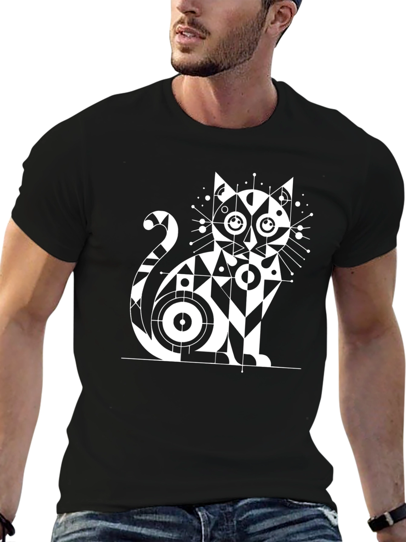 Geometric Cat Graphic T-Shirt - Modern Design