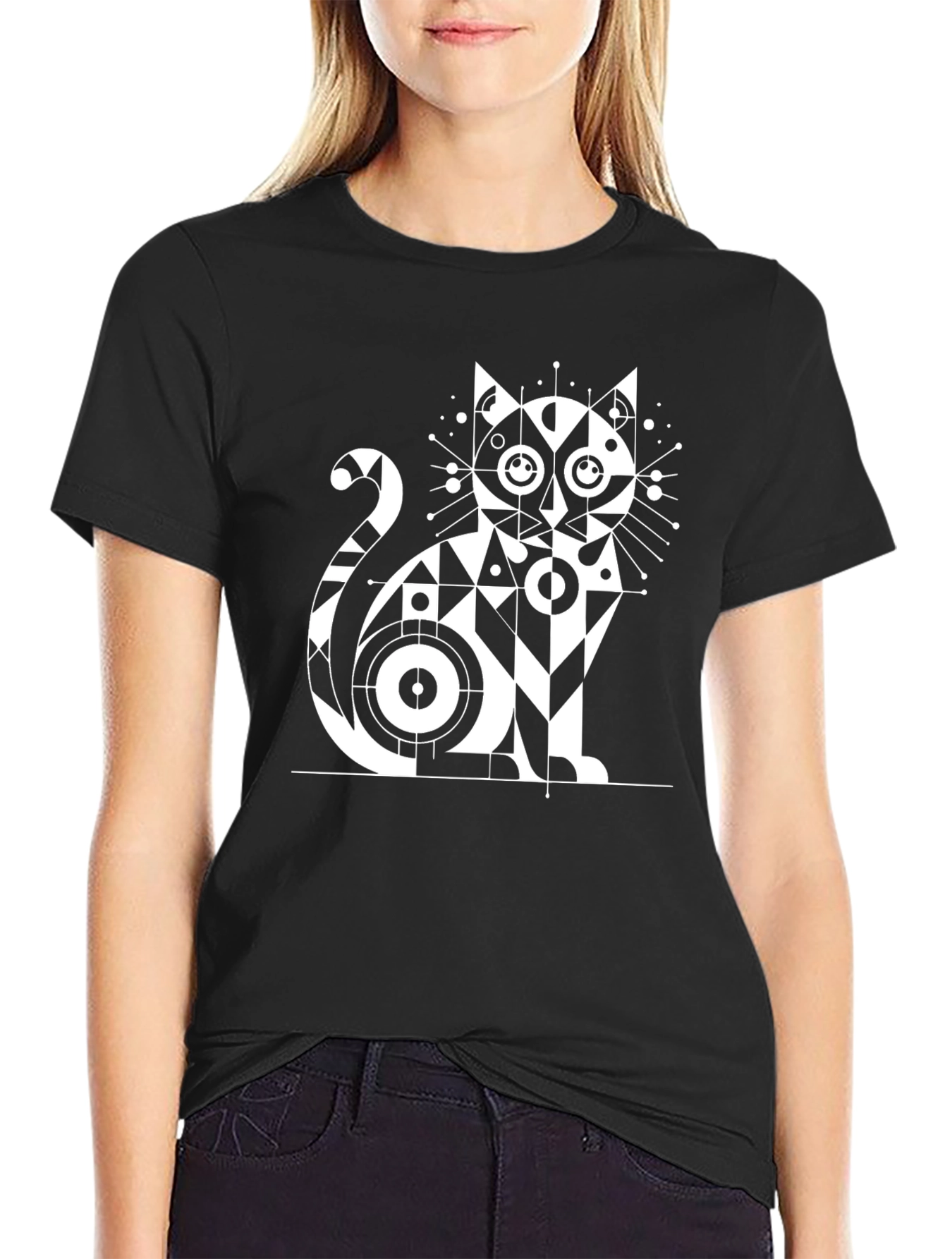 Geometric Cat Graphic T-Shirt - Modern Design