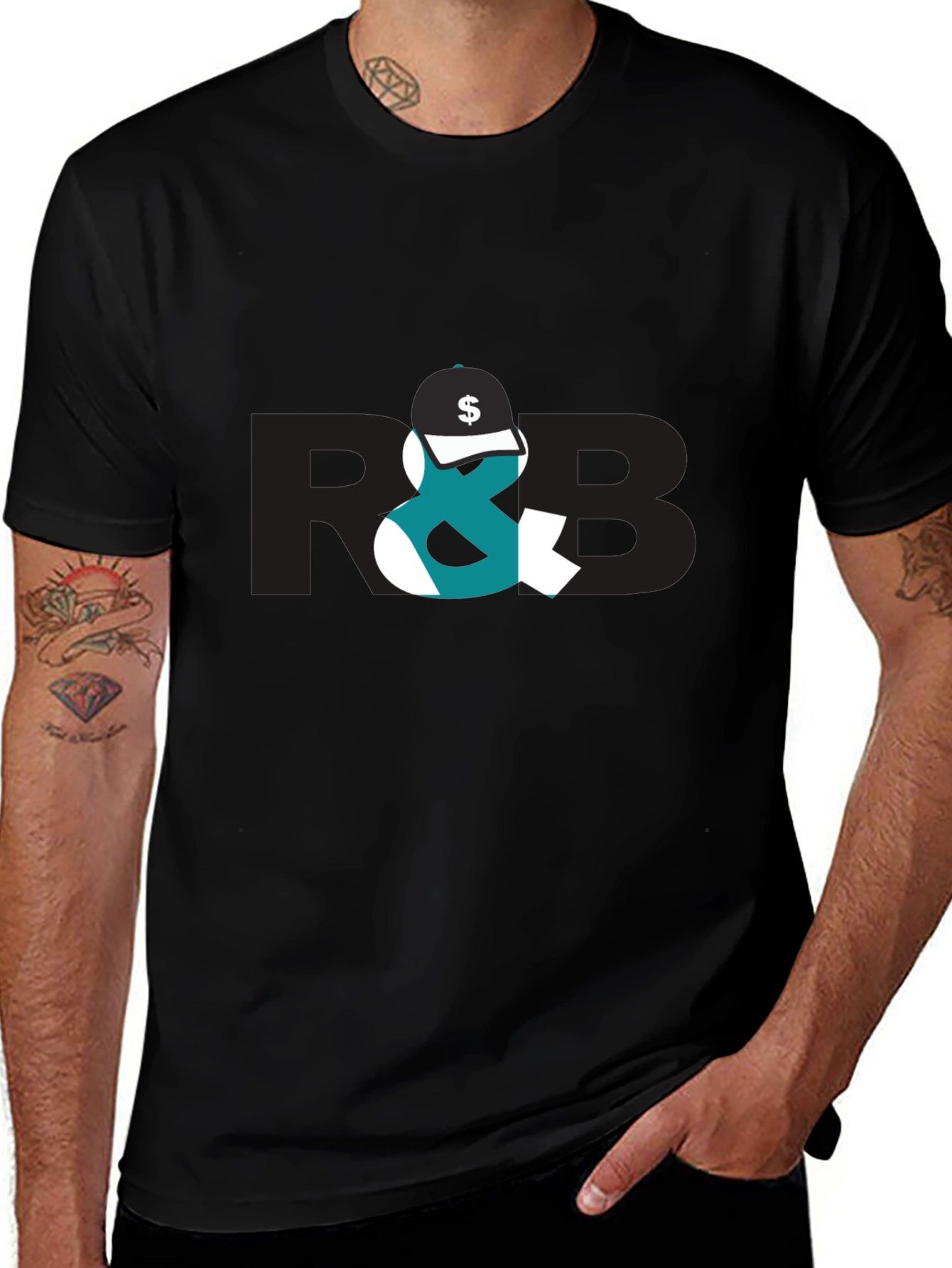 Trendy Black Graphic Tee with R&B Design