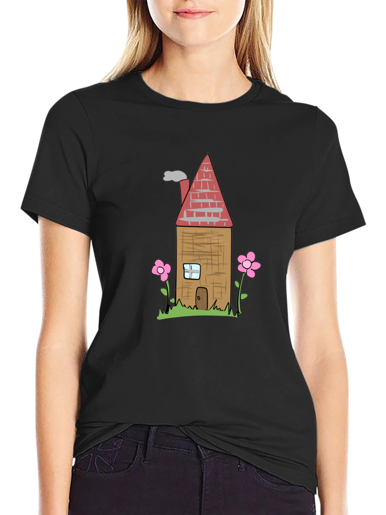 Cartoon House Graphic T-Shirt - Black