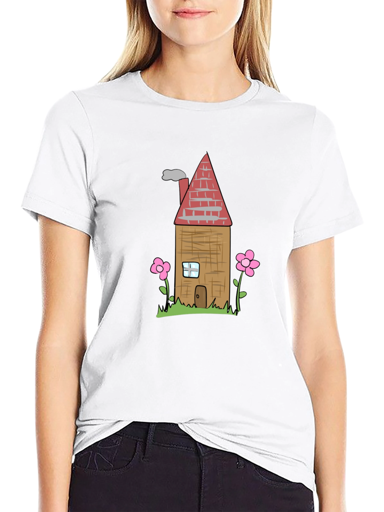 Cartoon House Graphic T-Shirt - Black
