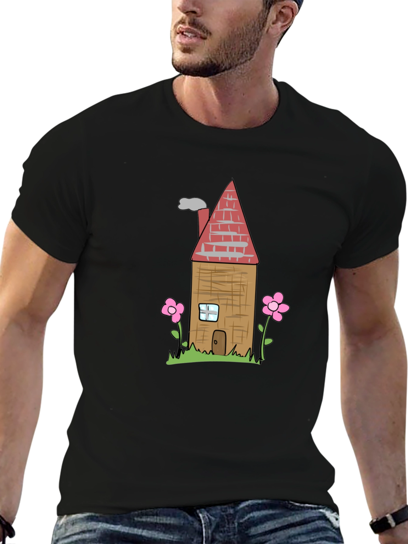 Cartoon House Graphic T-Shirt - Black