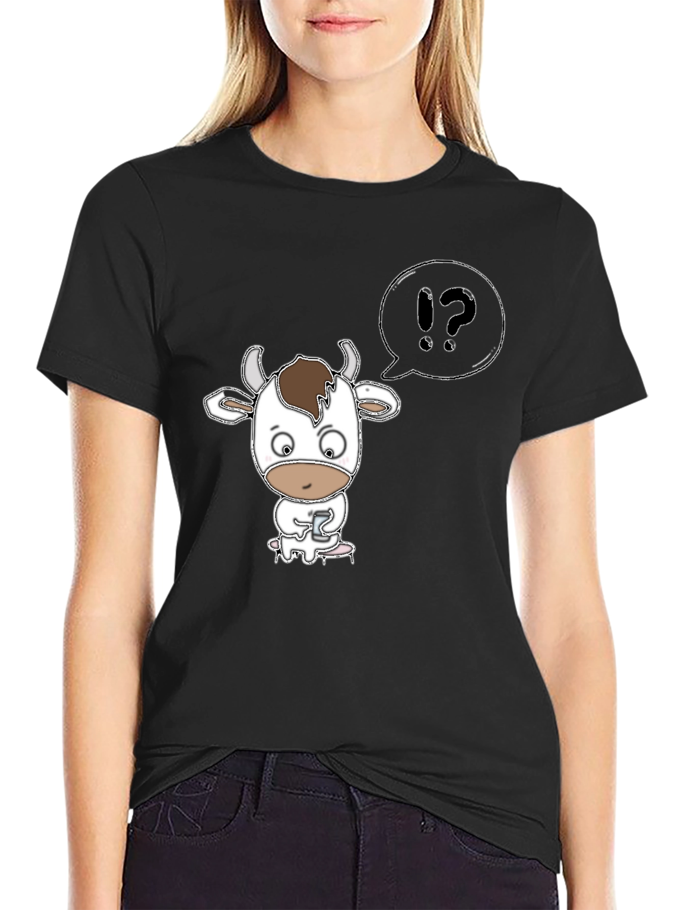 Cow Cartoon T-Shirt: What? Black Tee