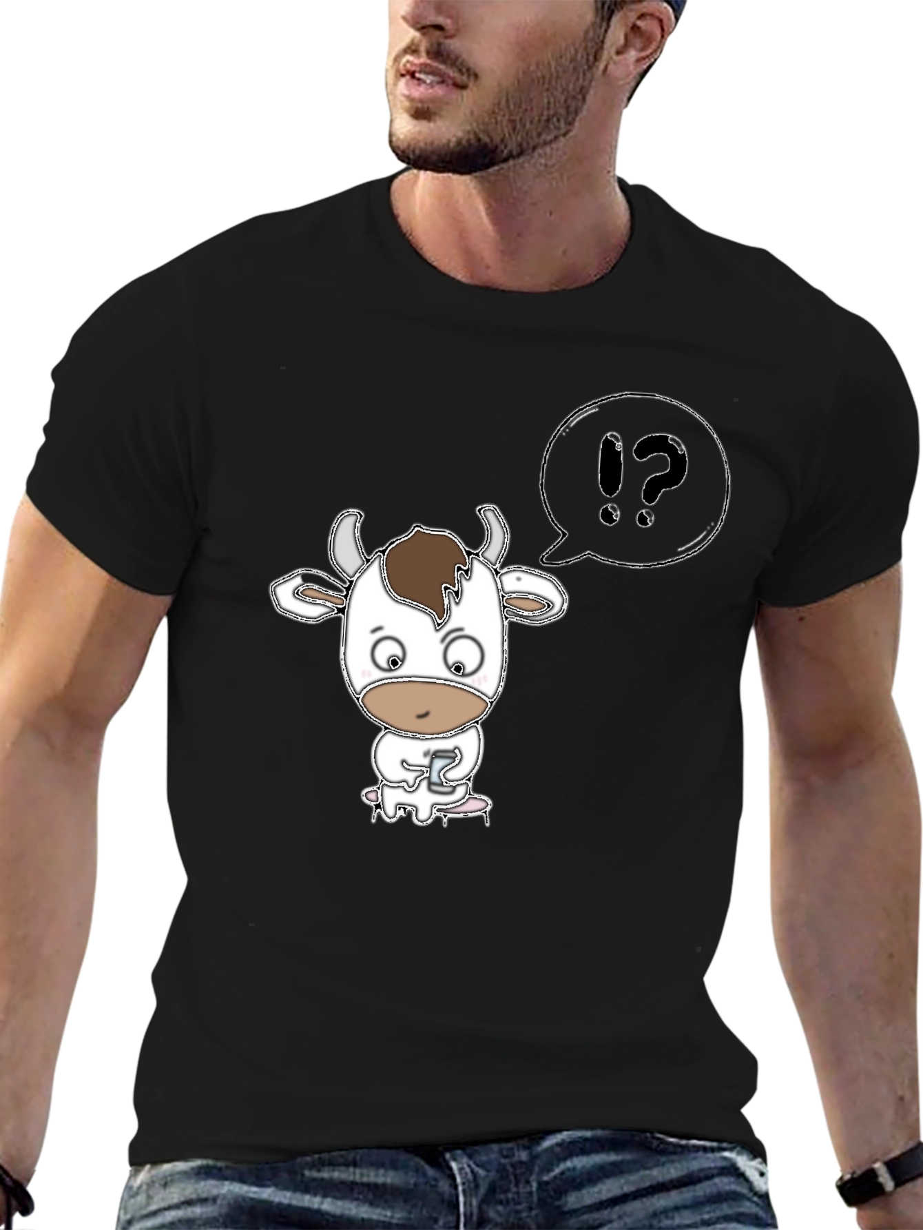 Cow Cartoon T-Shirt: What? Black Tee