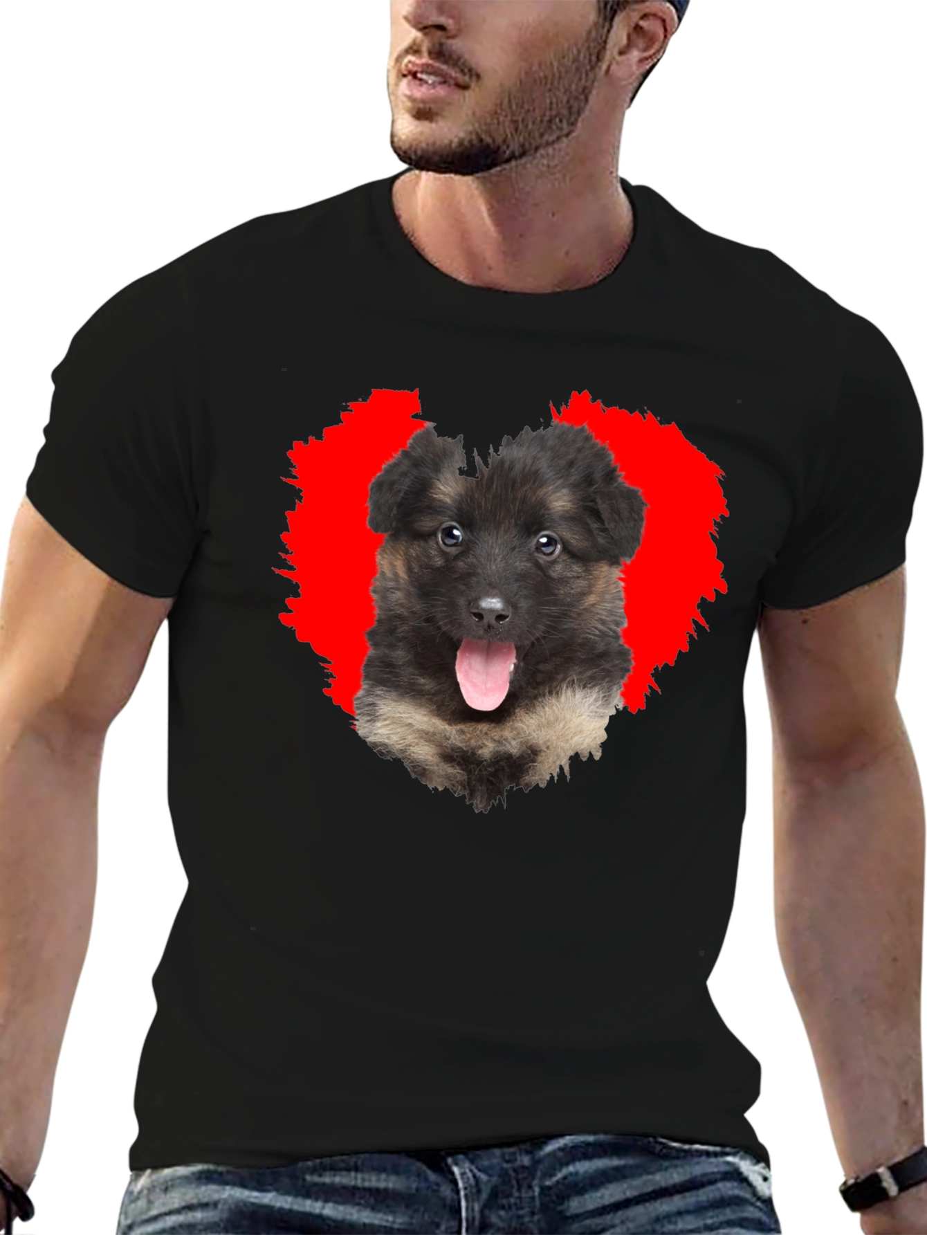 Dog Lover Black T-Shirt with Puppy Heart Graphic