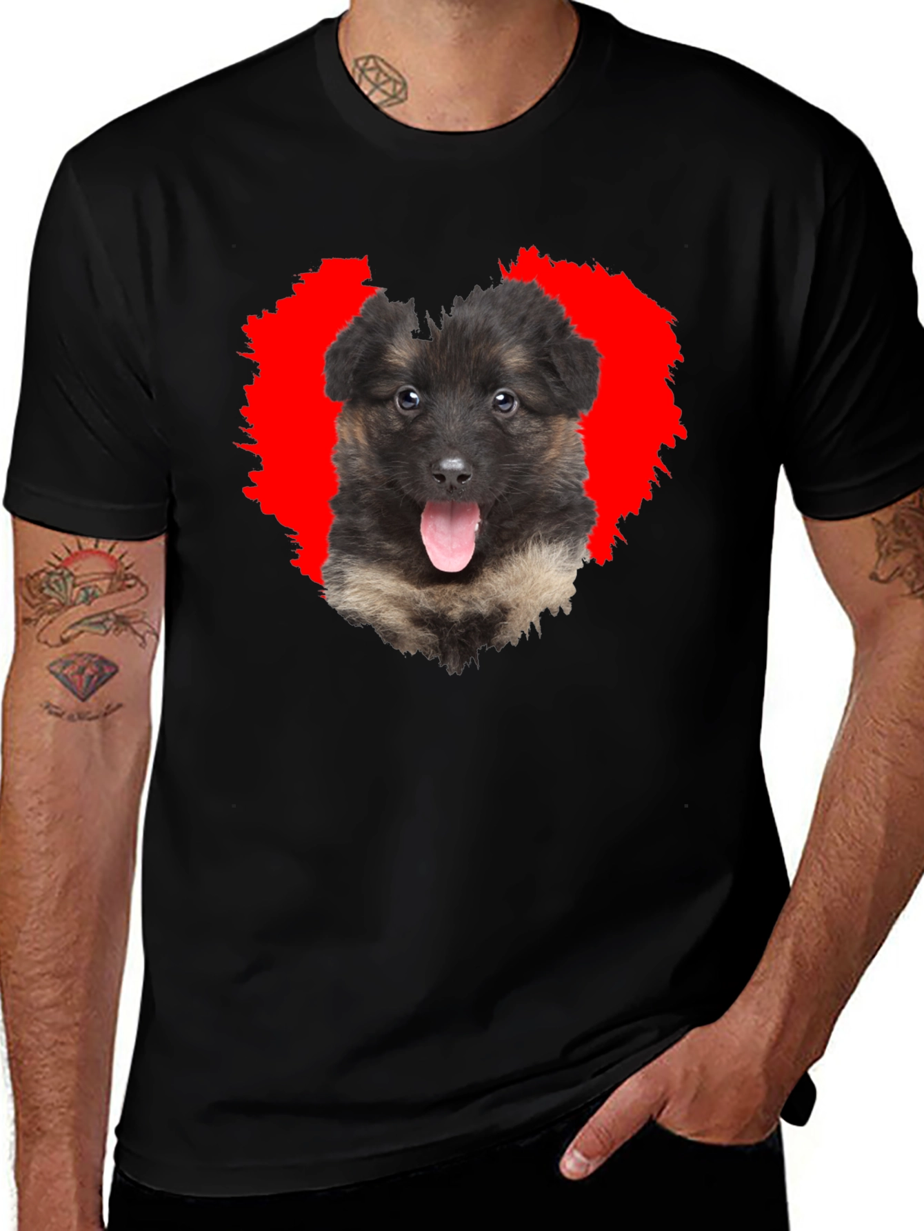 Dog Lover Black T-Shirt with Puppy Heart Graphic
