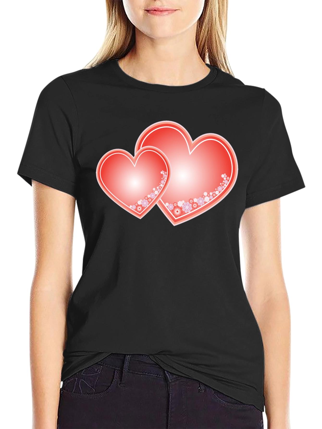 Romantic Hearts Graphic Tee - Black Cotton Blend Shirt