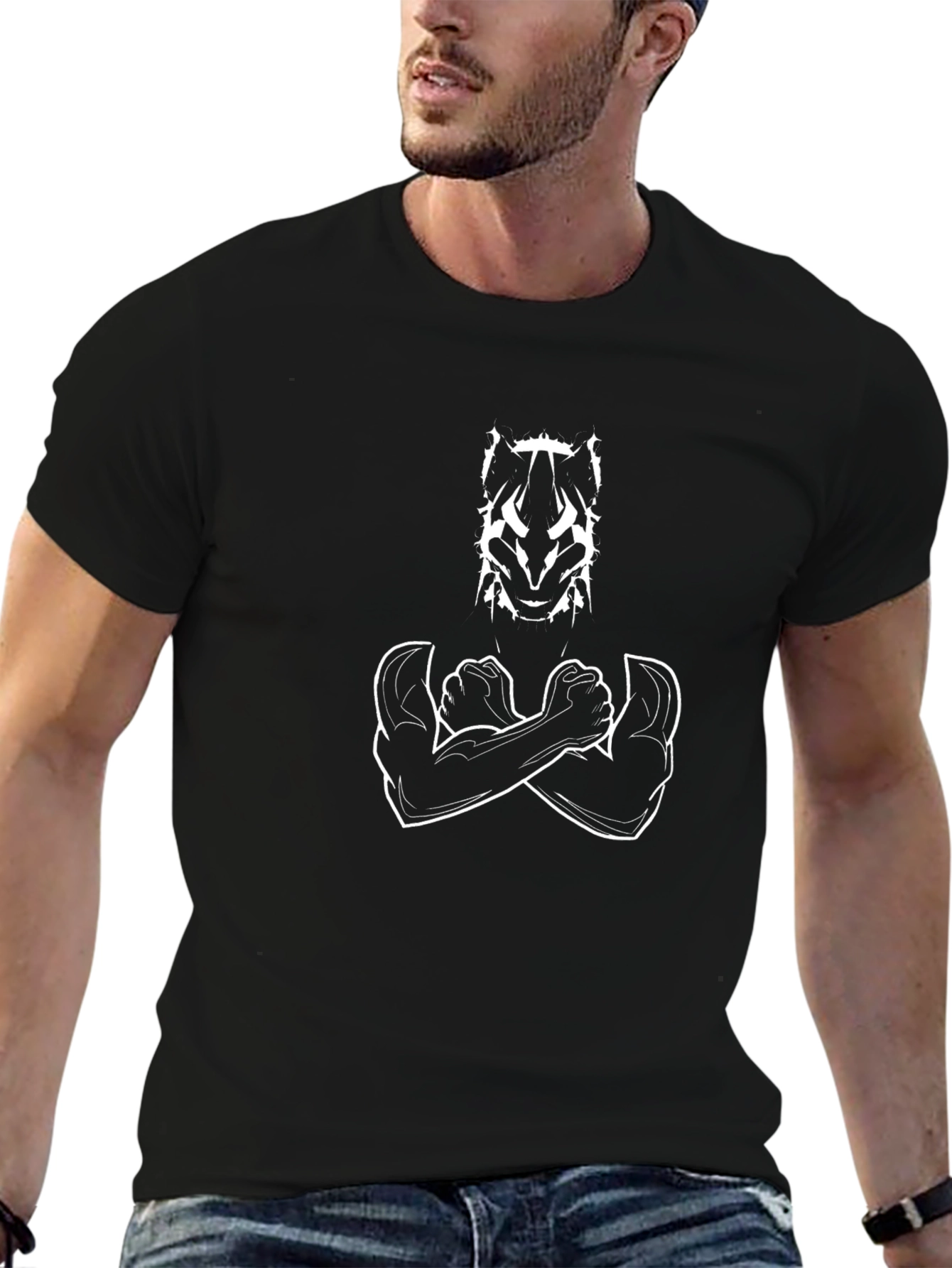 Black T-Shirt with Arm-Crossed Silhouette Graphic