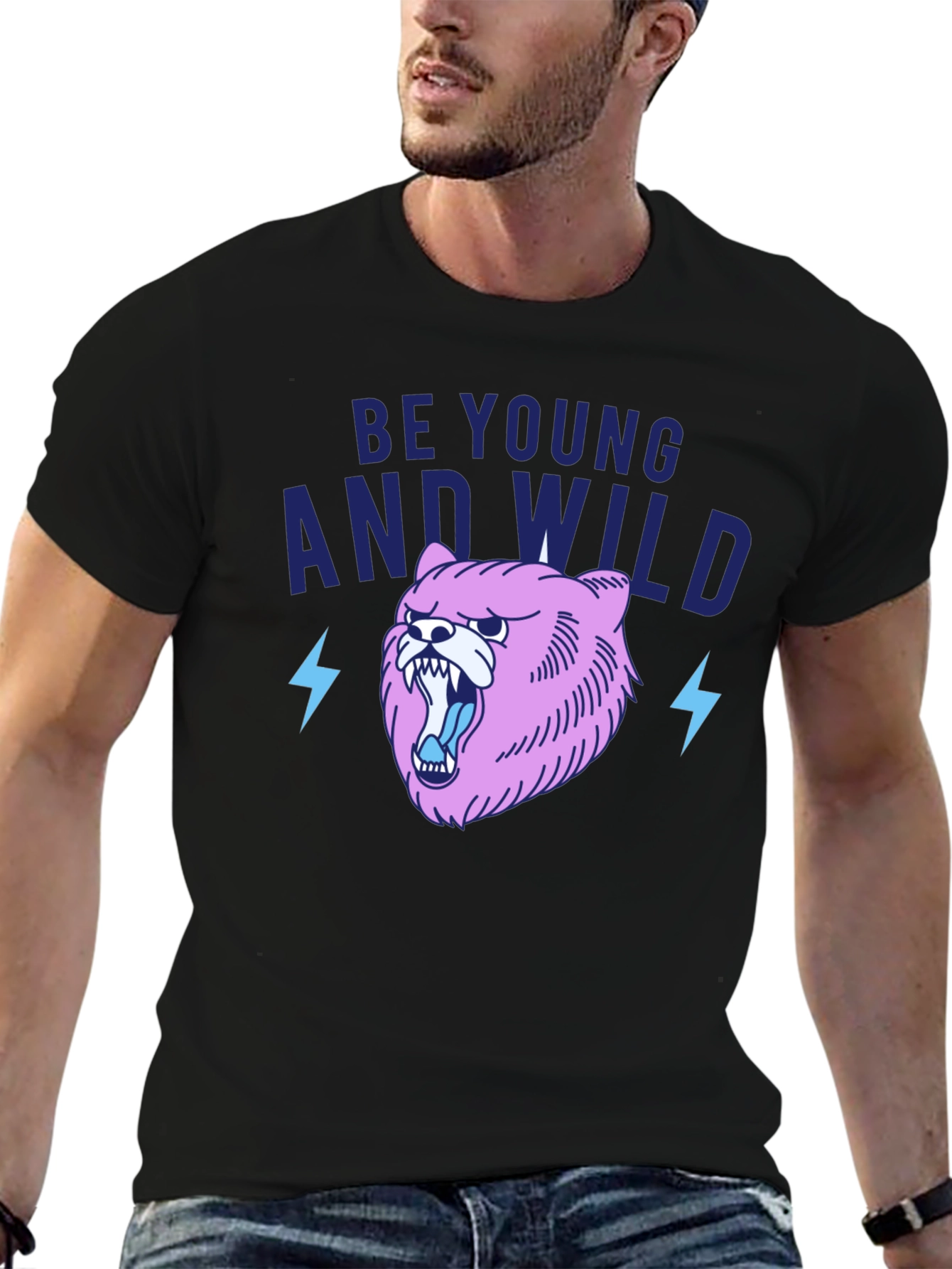 Be Young And Wild Black T-Shirt with Bear Graphic