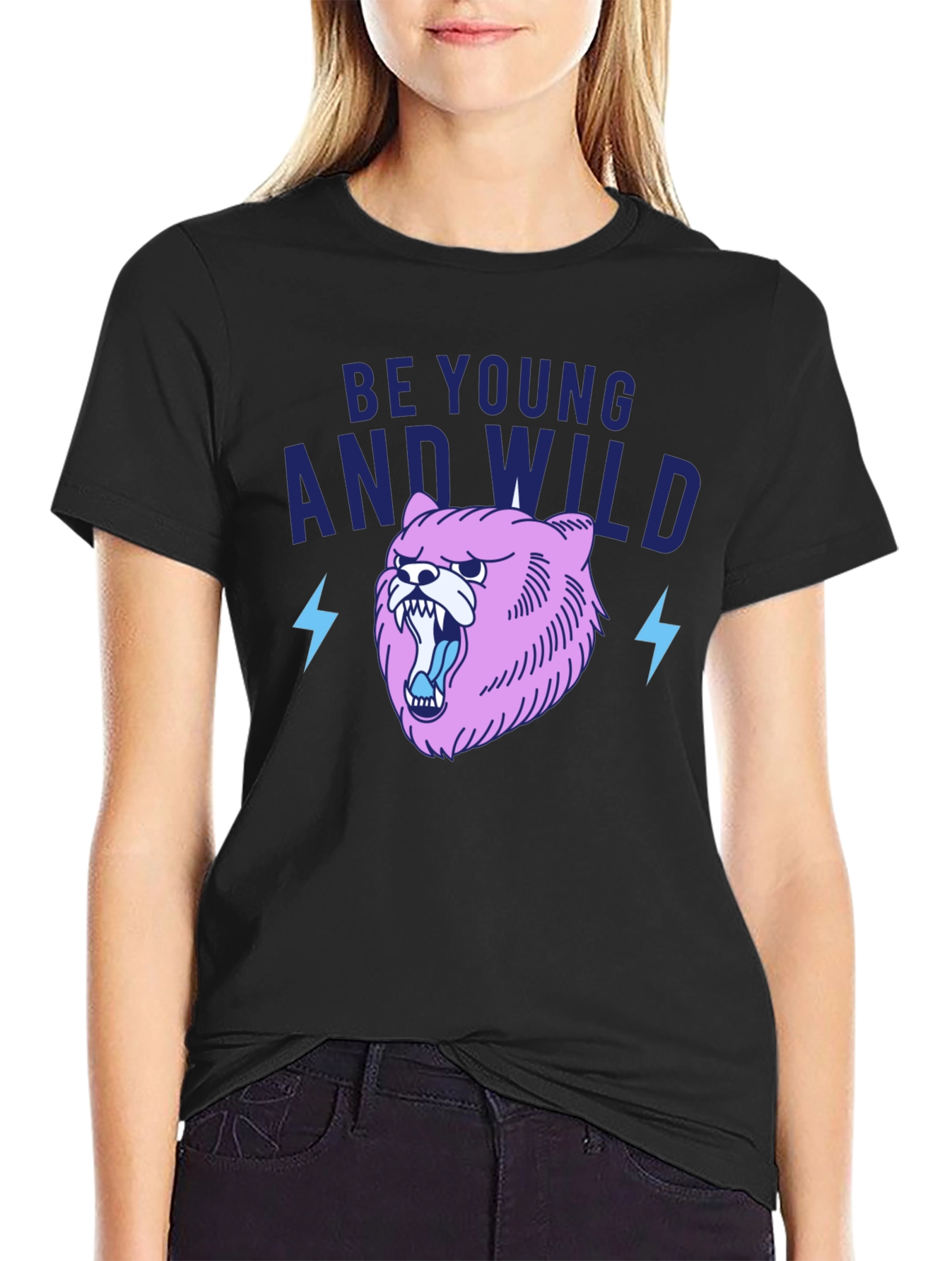 Be Young And Wild Black T-Shirt with Bear Graphic