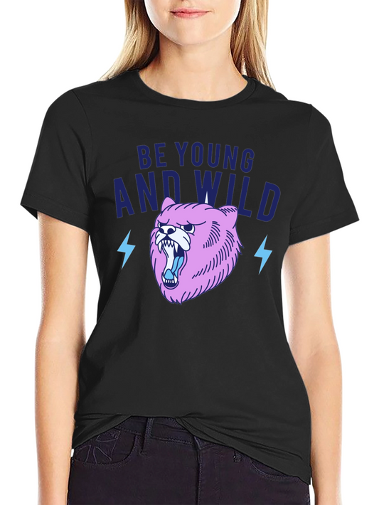 Be Young And Wild Black T-Shirt with Bear Graphic