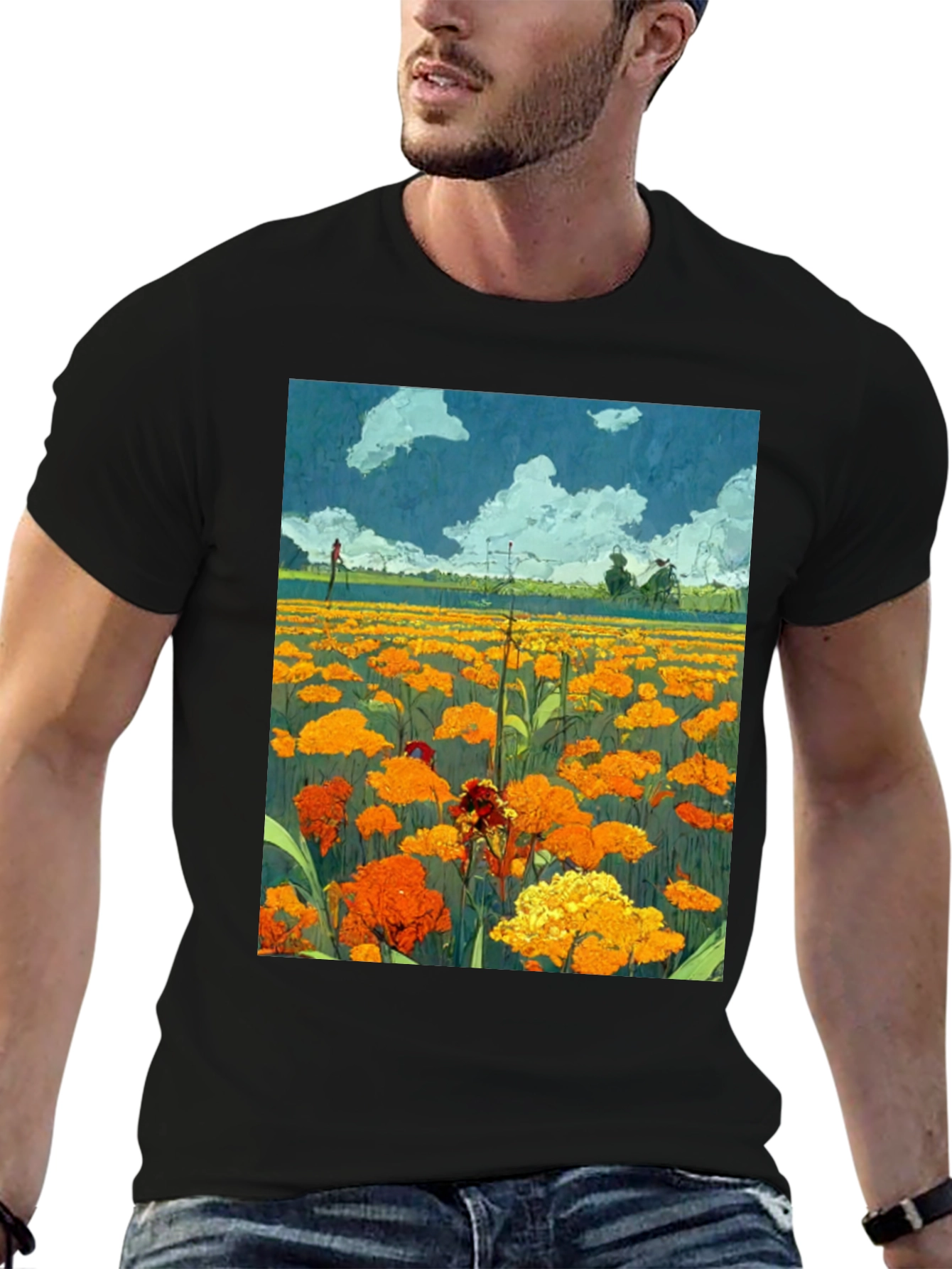 Floral Field Print Black T-Shirt