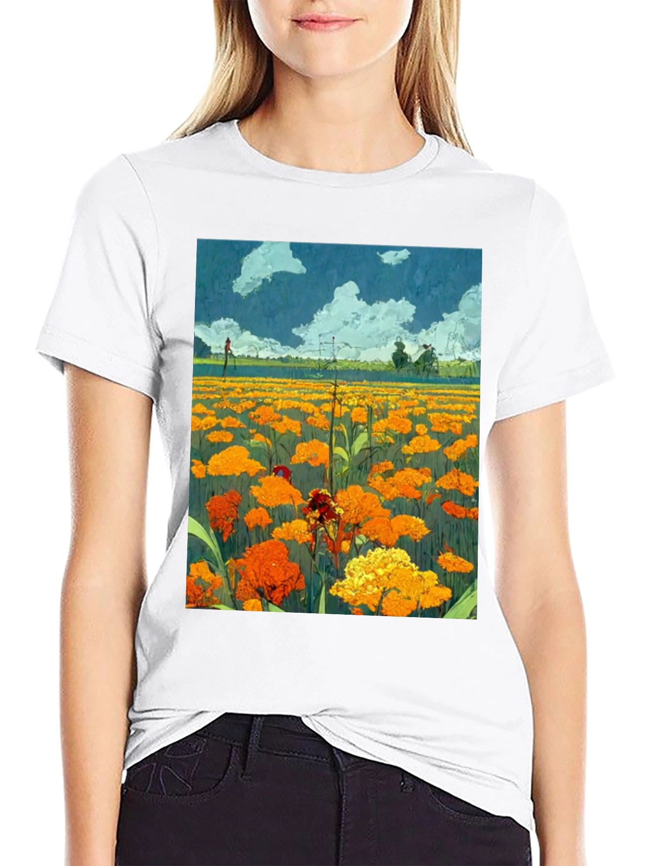 Floral Field Print Black T-Shirt