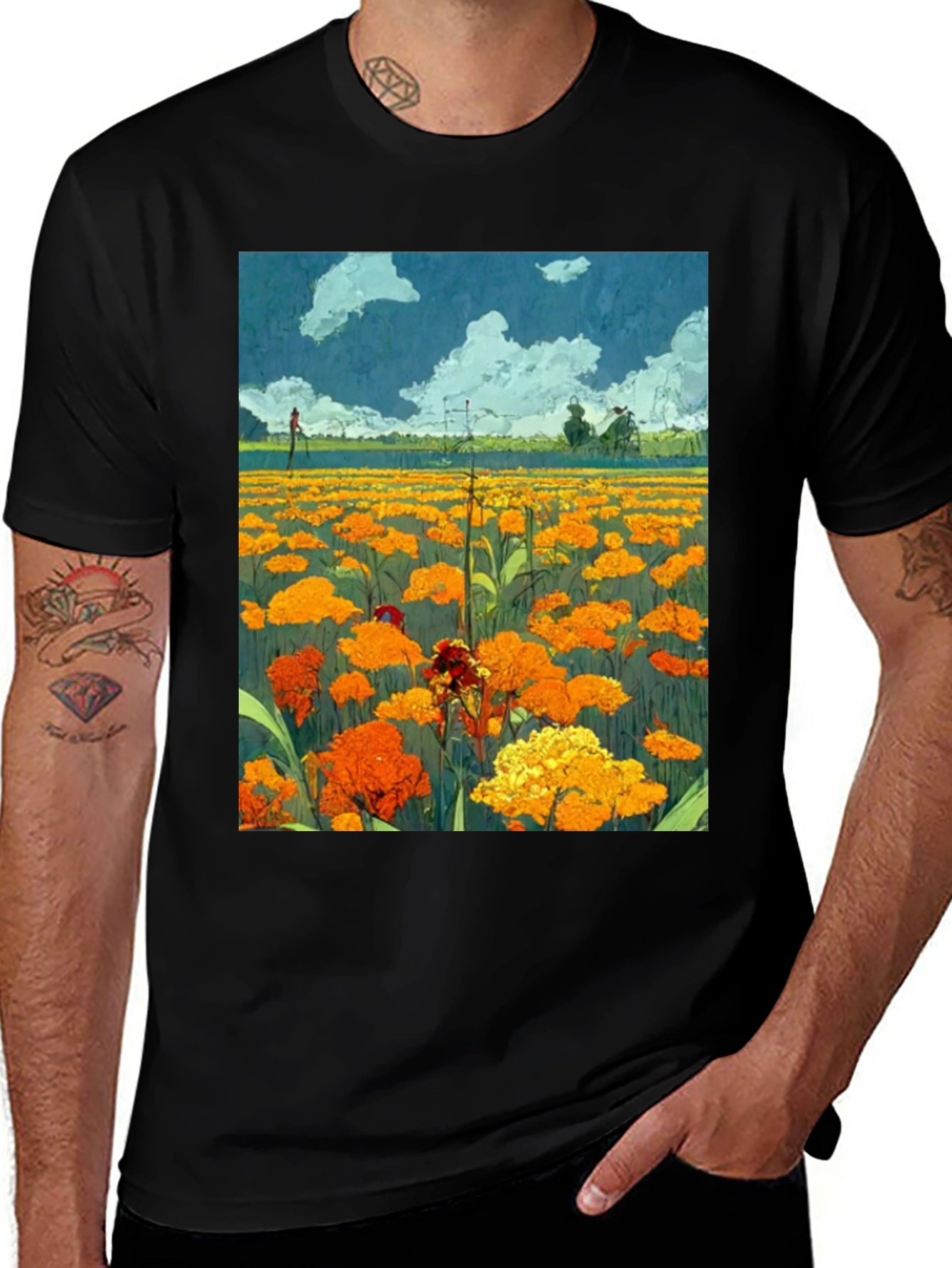 Floral Field Print Black T-Shirt