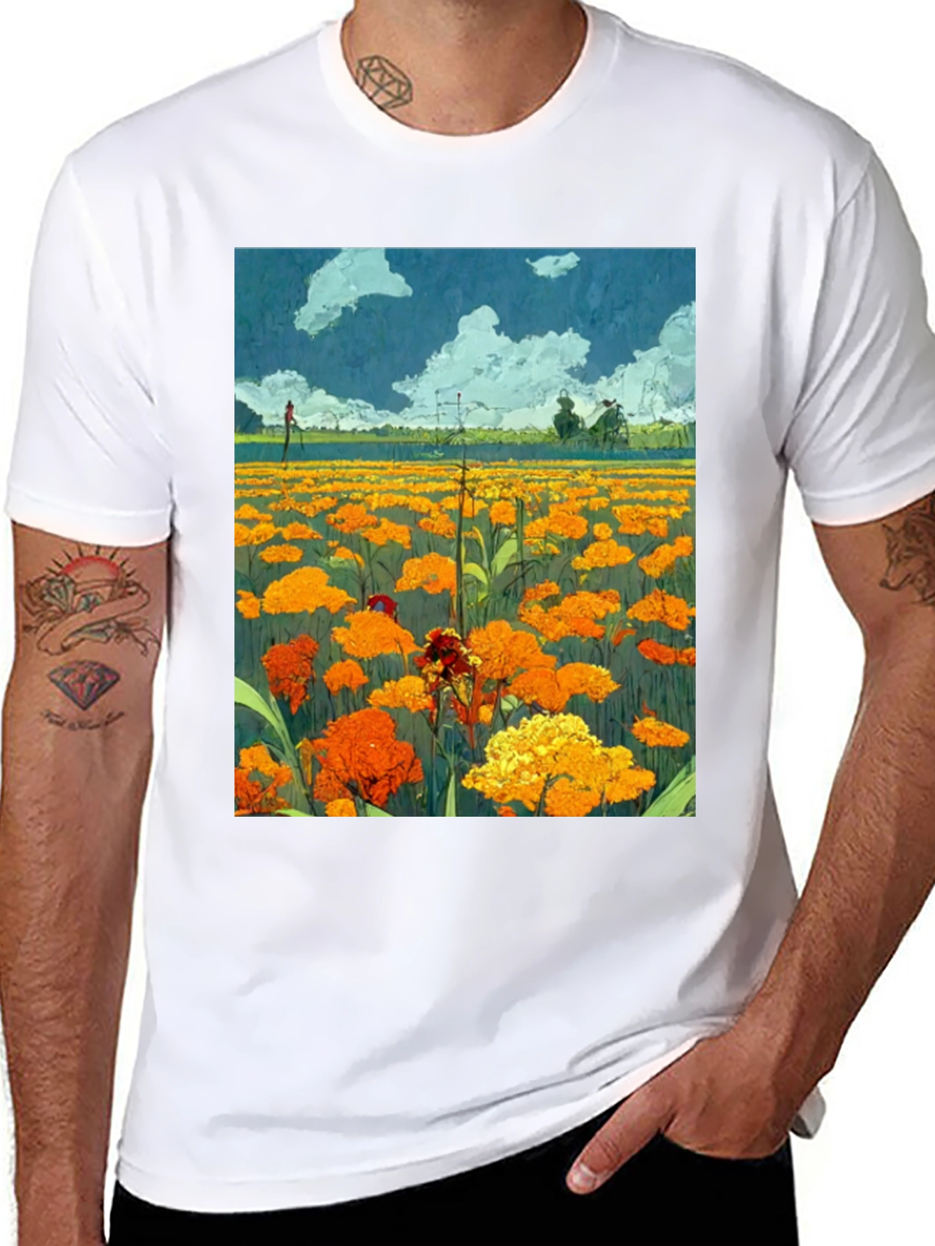 Floral Field Print Black T-Shirt