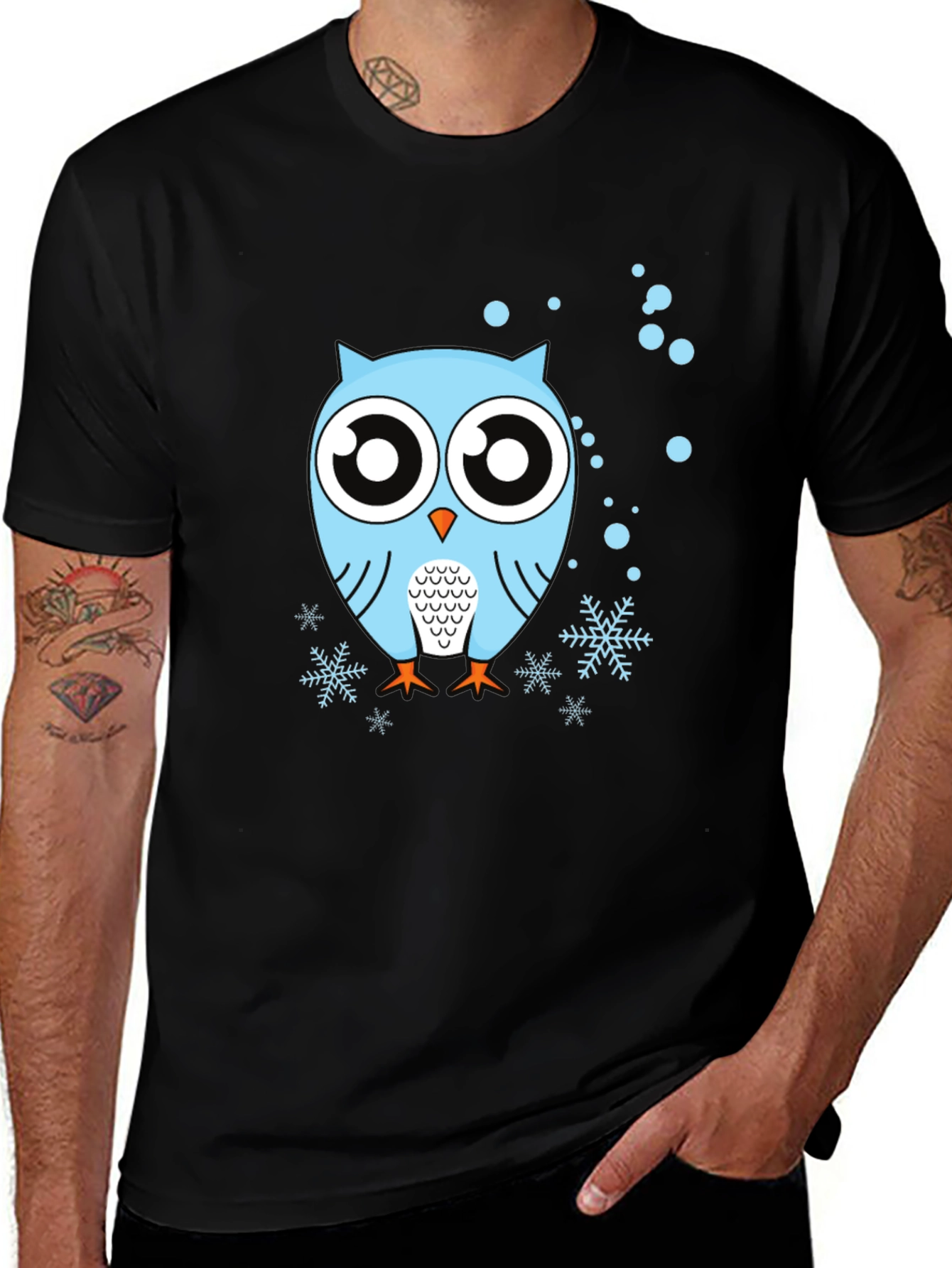 Owl Graphic Tee - Black Crew Neck Cotton Shirt