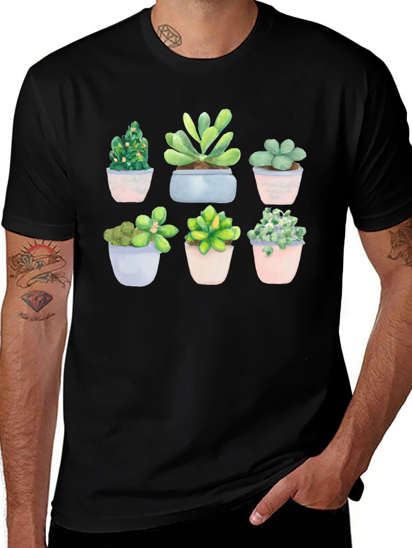 Stylish Succulent Print Black T-Shirt