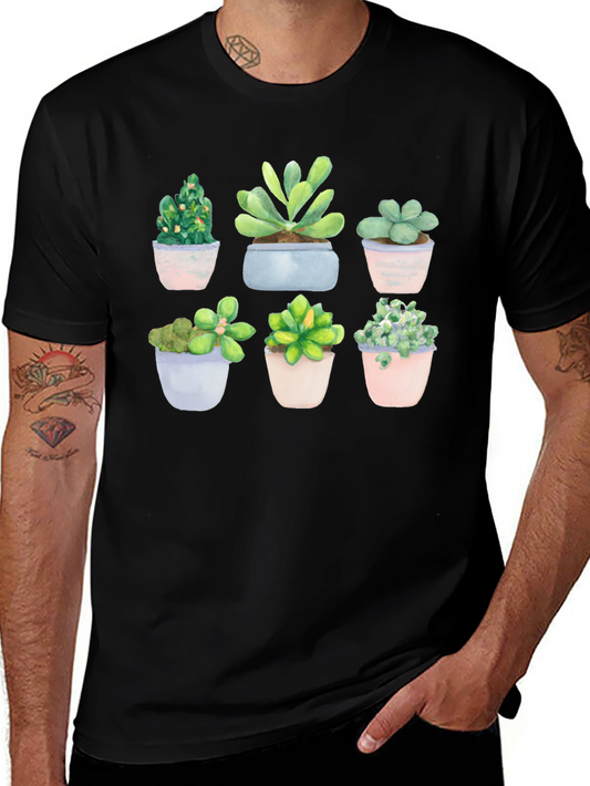 Stylish Succulent Print Black T-Shirt