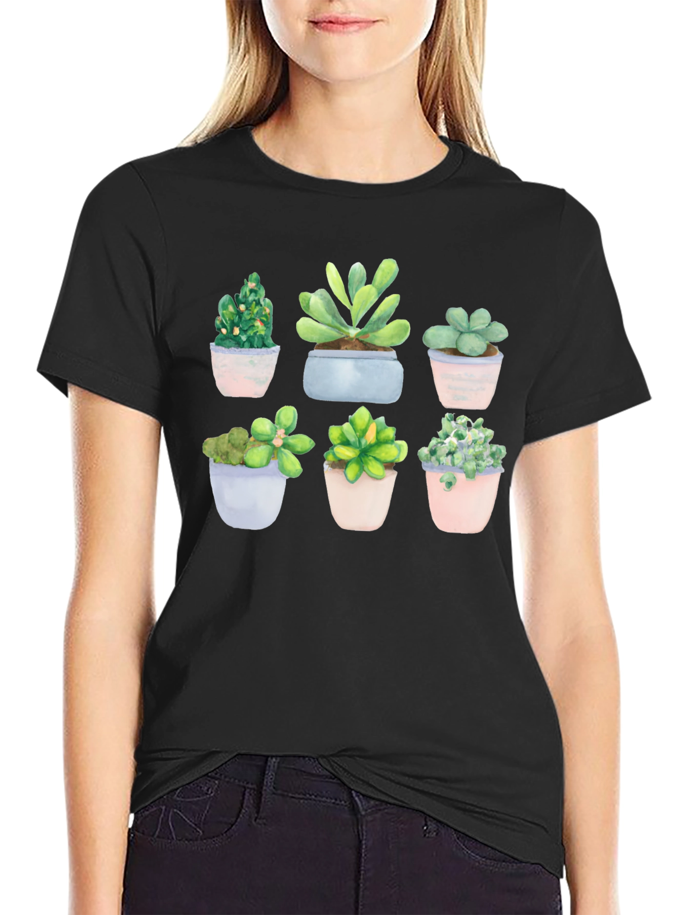 Stylish Succulent Print Black T-Shirt