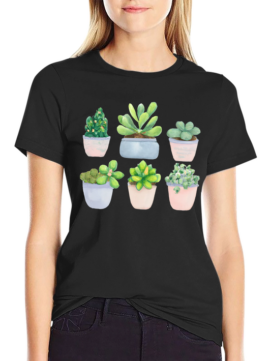 Stylish Succulent Print Black T-Shirt