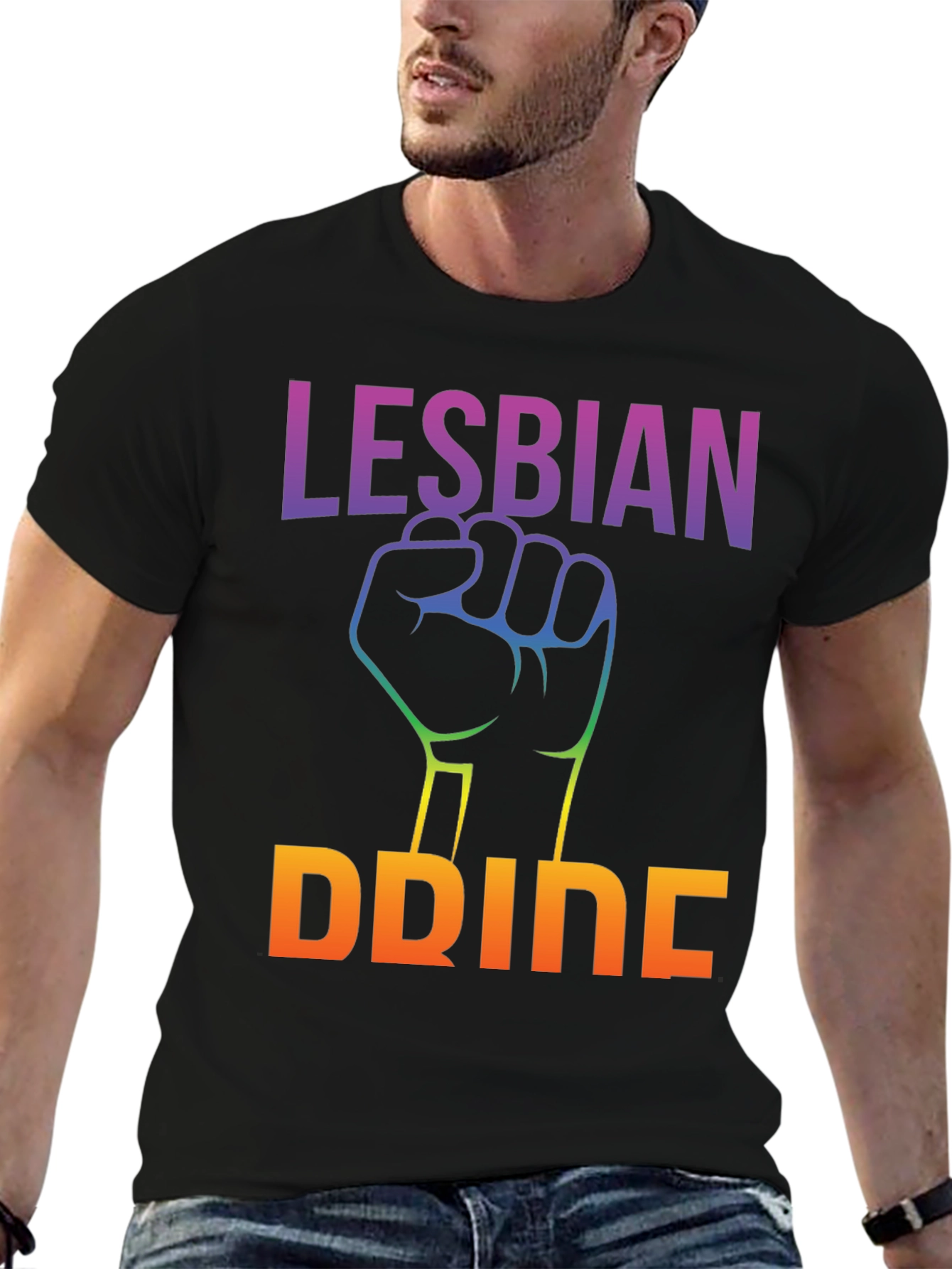 Lesbian Pride Black T-Shirt Rainbow Fist