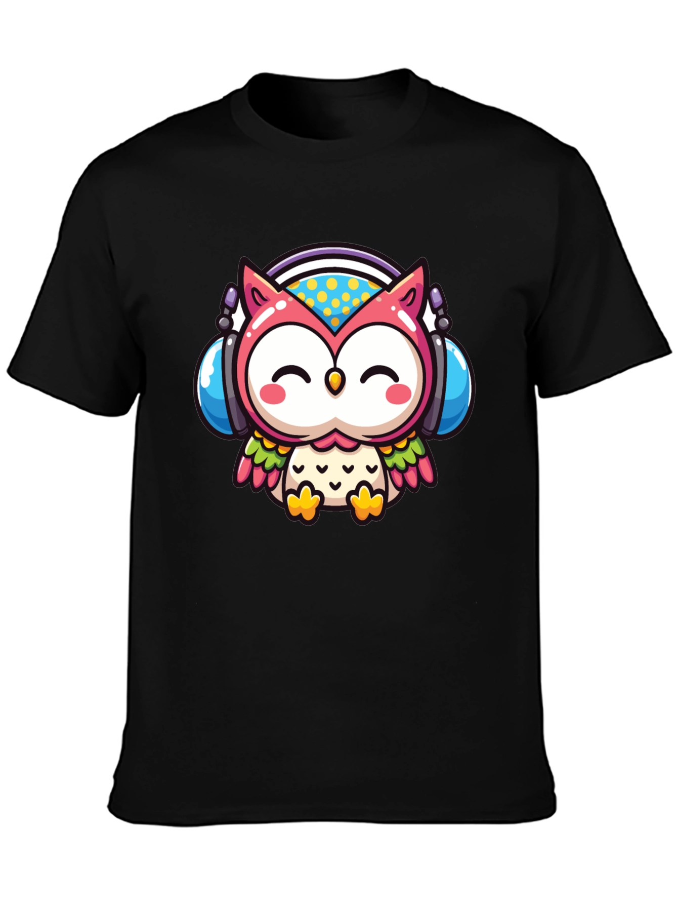 Cute Owl DJ Graphic Tee - Black Cotton T-Shirt