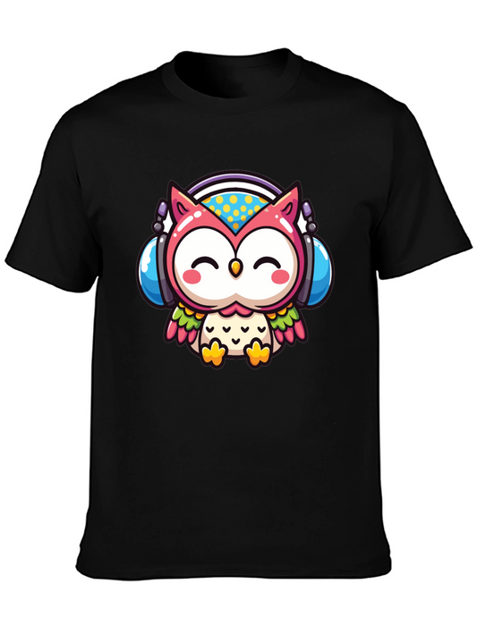 Cute Owl DJ Graphic Tee - Black Cotton T-Shirt