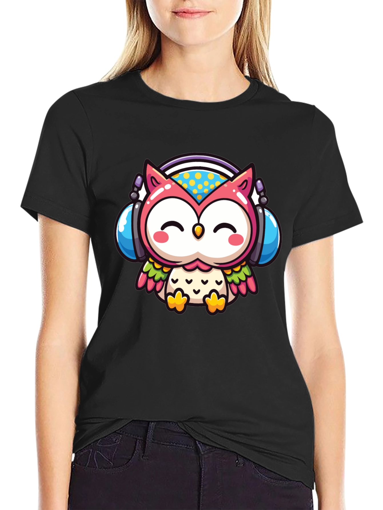 Cute Owl DJ Graphic Tee - Black Cotton T-Shirt