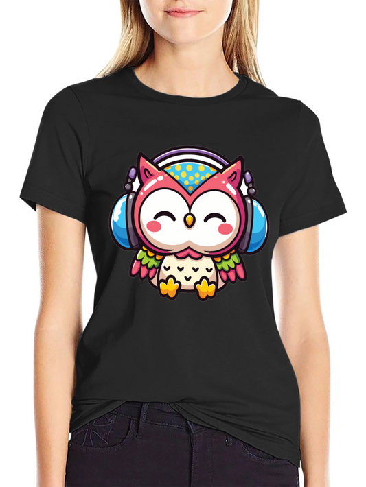 Cute Owl DJ Graphic Tee - Black Cotton T-Shirt