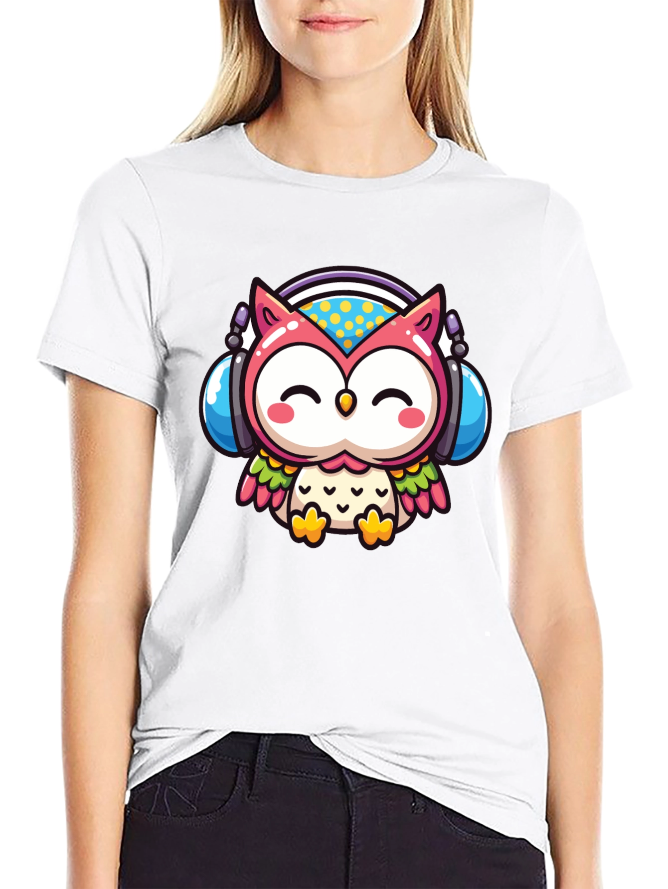 Cute Owl DJ Graphic Tee - Black Cotton T-Shirt