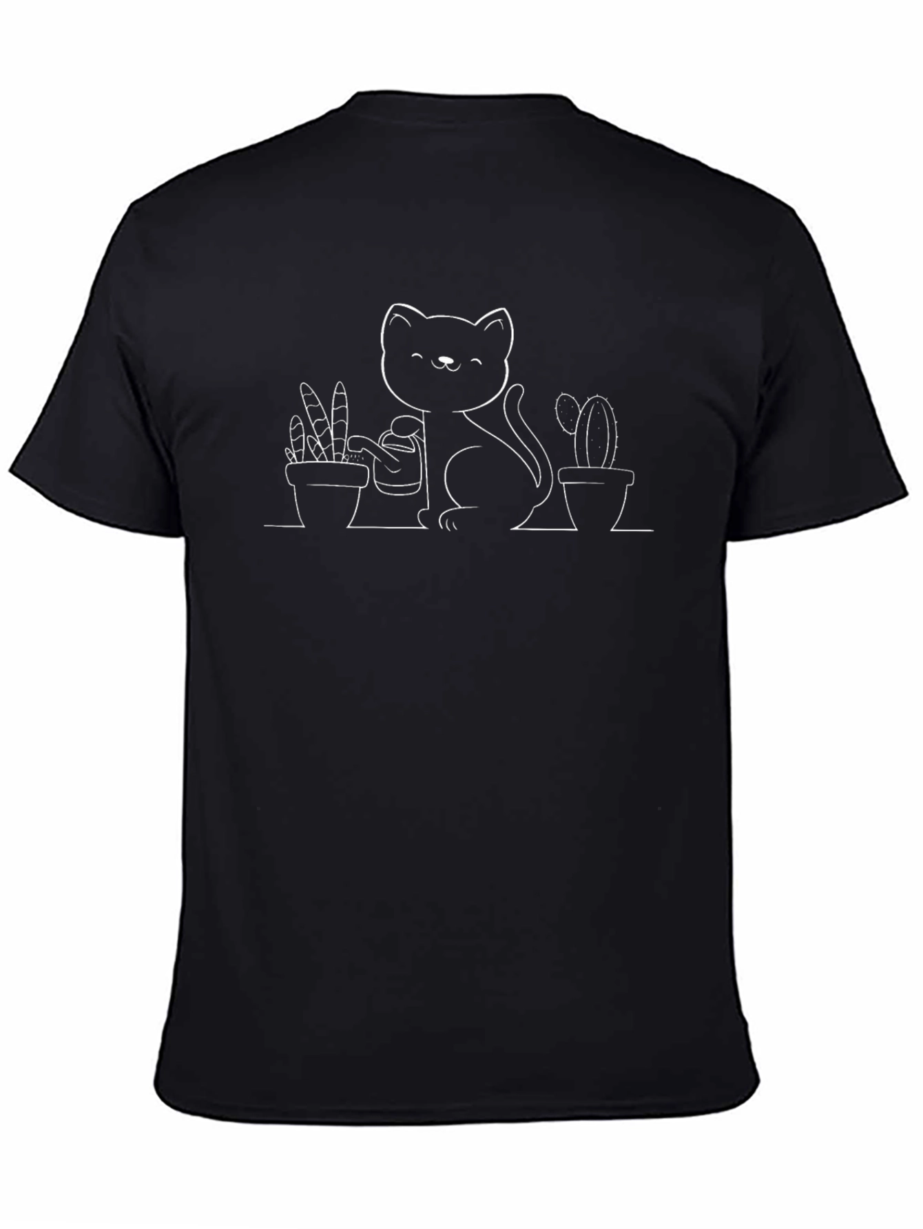 Cat Watering Plants Graphic T-Shirt - Black
