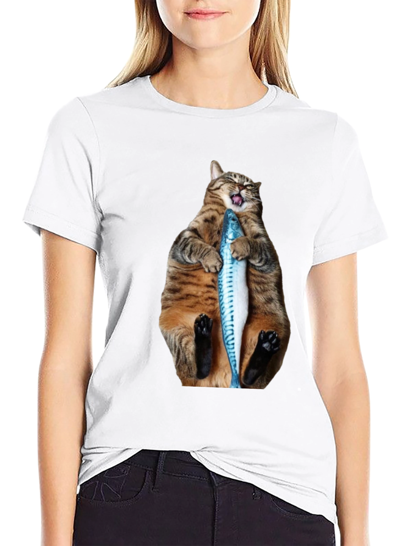 Funny Cat Holding Fish Graphic Tee