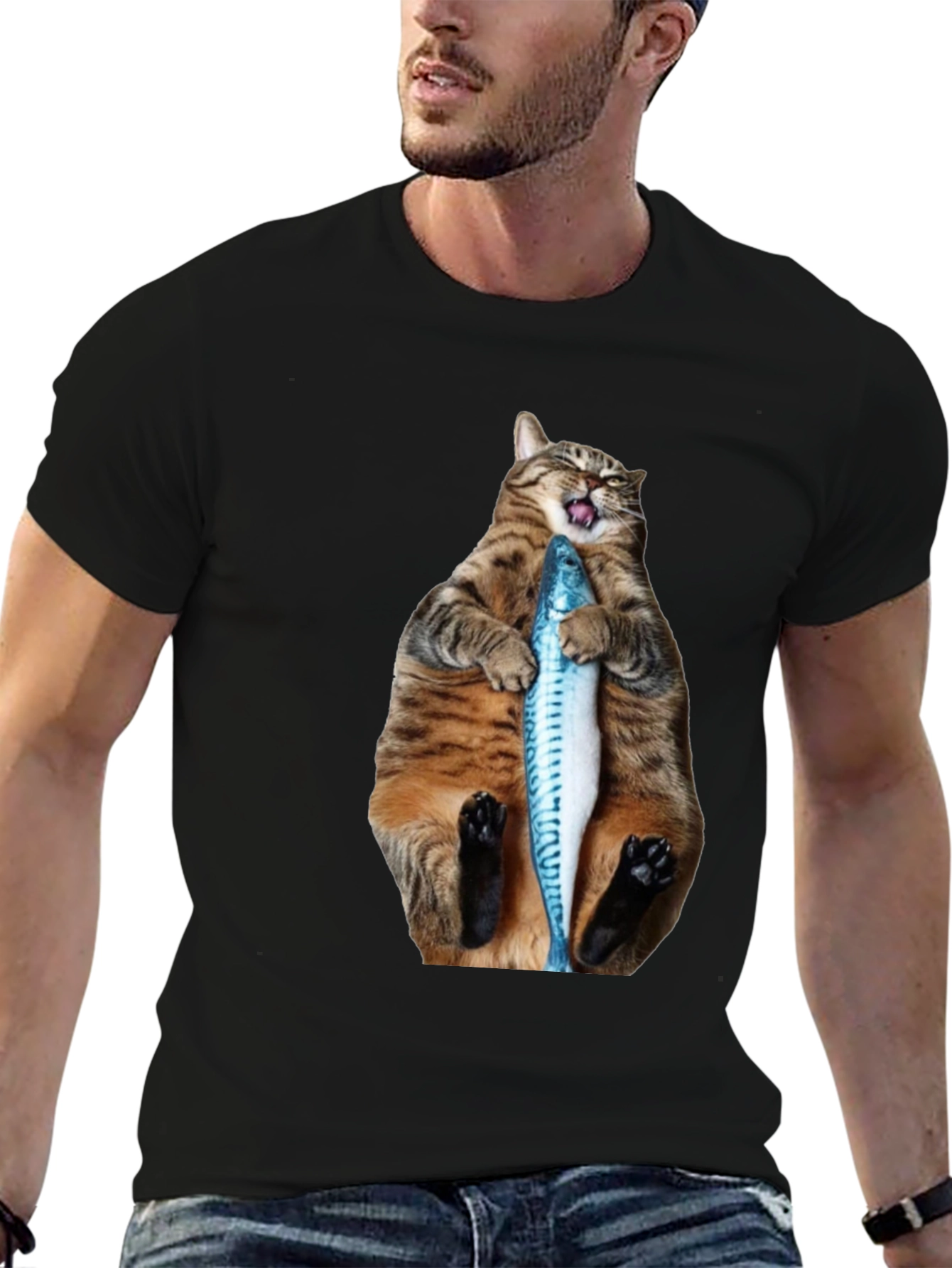 Funny Cat Holding Fish Graphic Tee