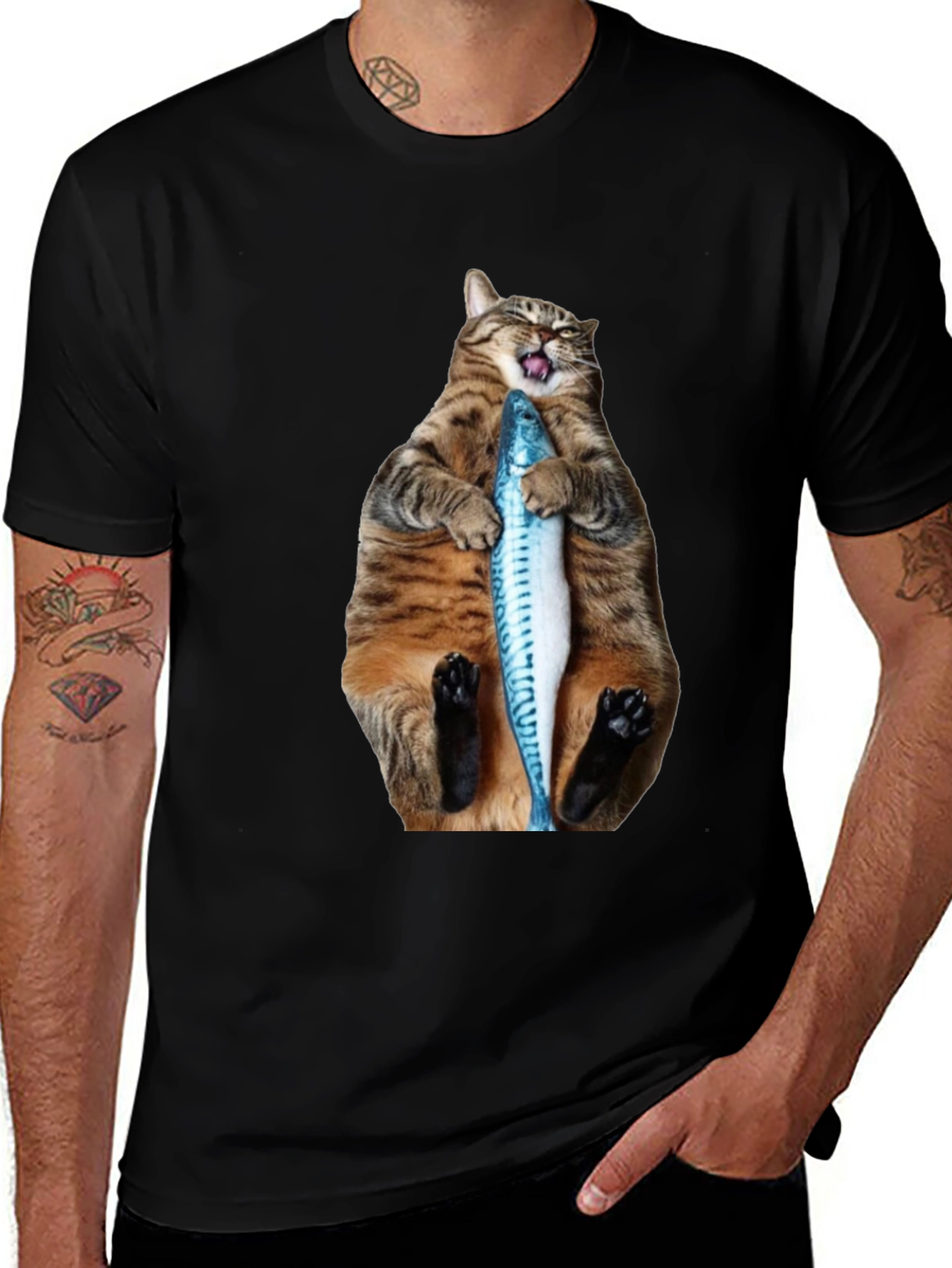 Funny Cat Holding Fish Graphic Tee