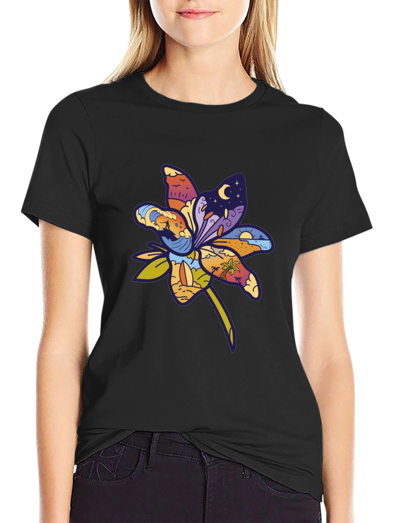 Tropical Flower Graphic T-Shirt - Black