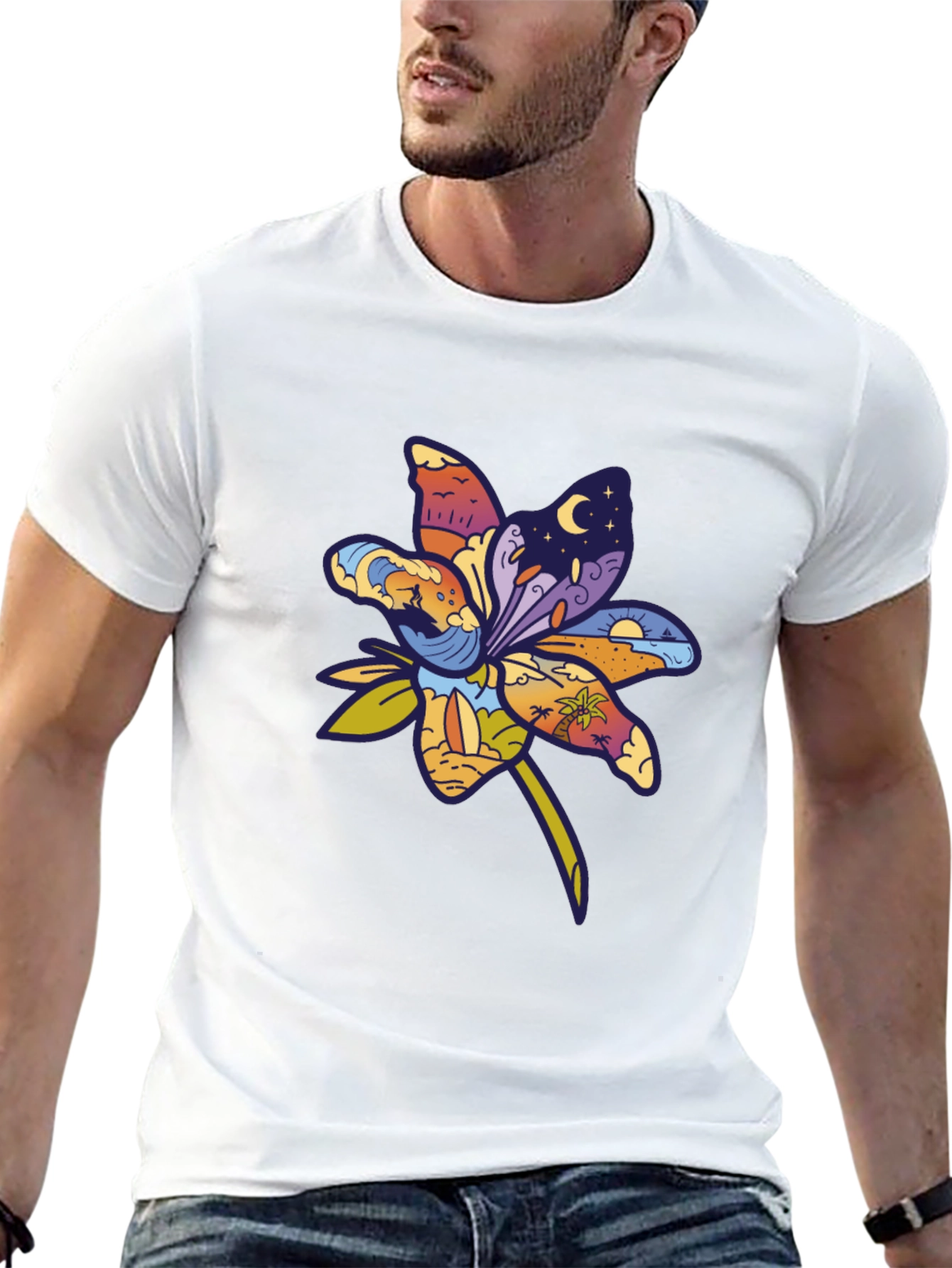 Tropical Flower Graphic T-Shirt - Black