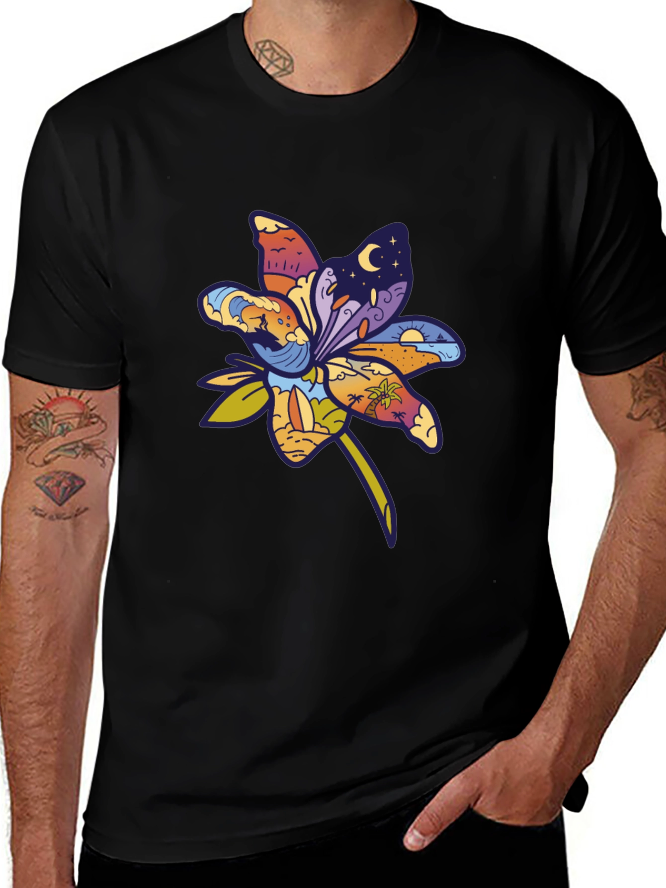 Tropical Flower Graphic T-Shirt - Black