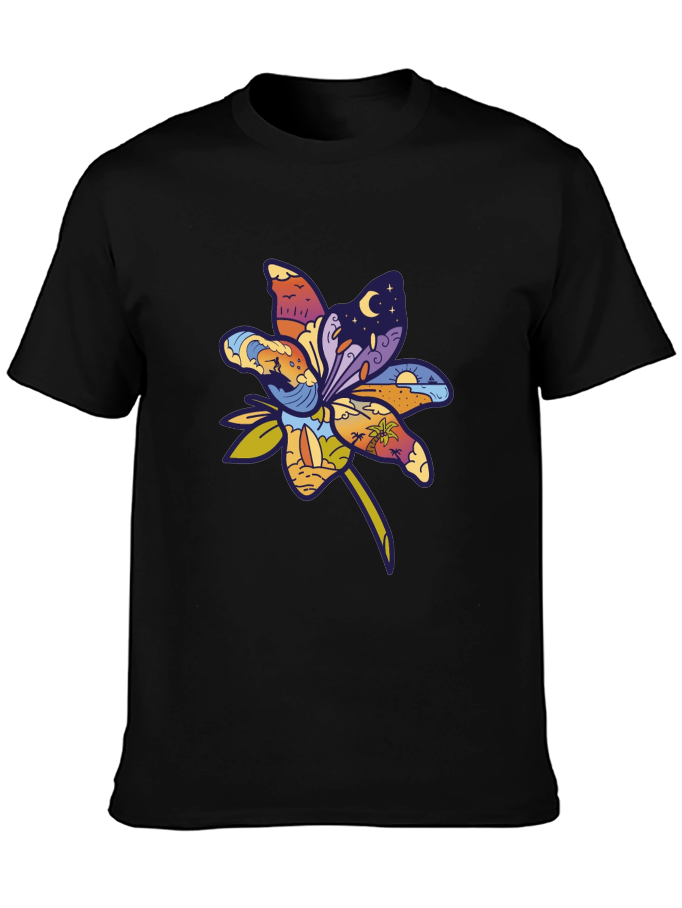 Tropical Flower Graphic T-Shirt - Black