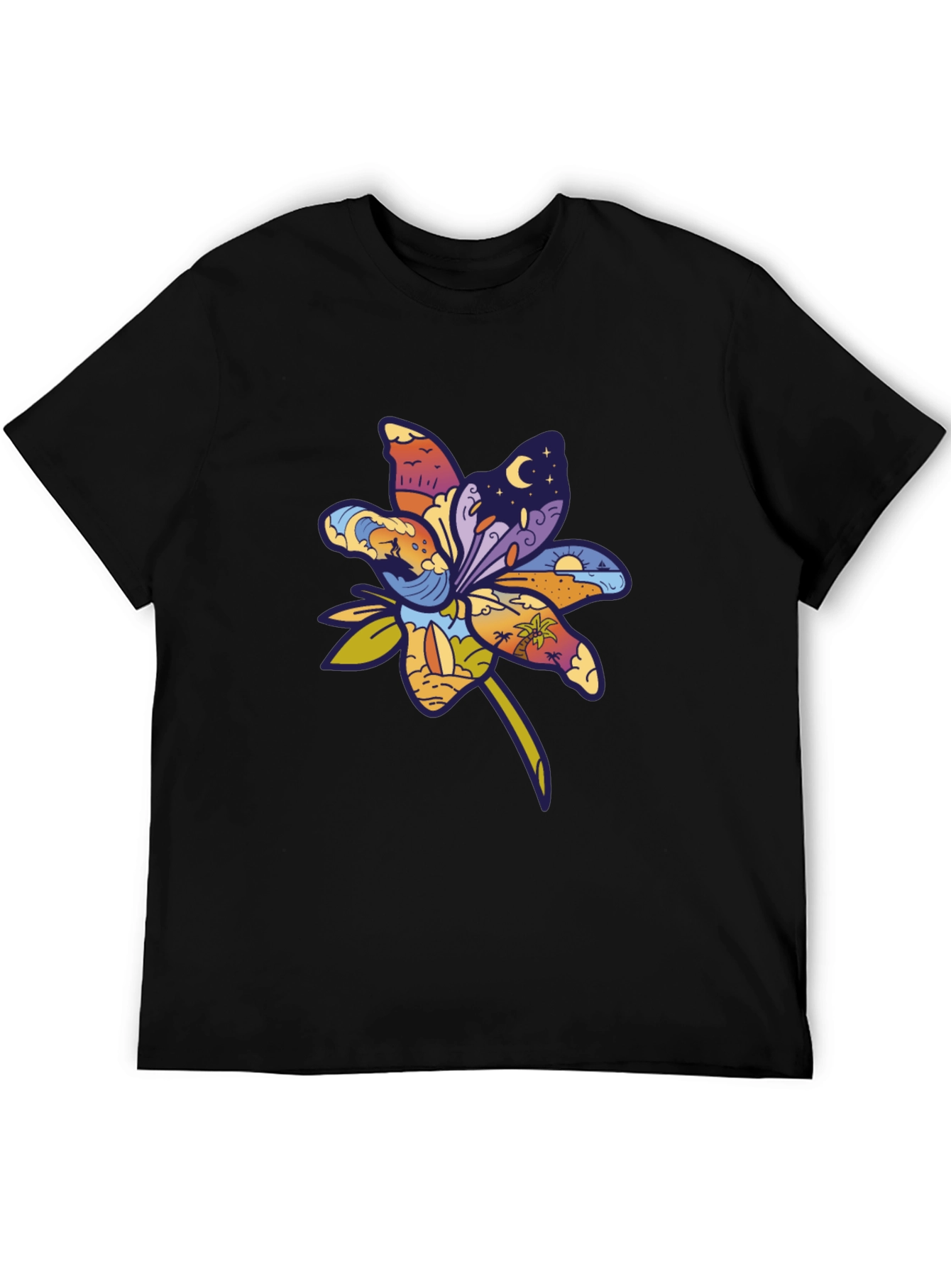 Tropical Flower Graphic T-Shirt - Black