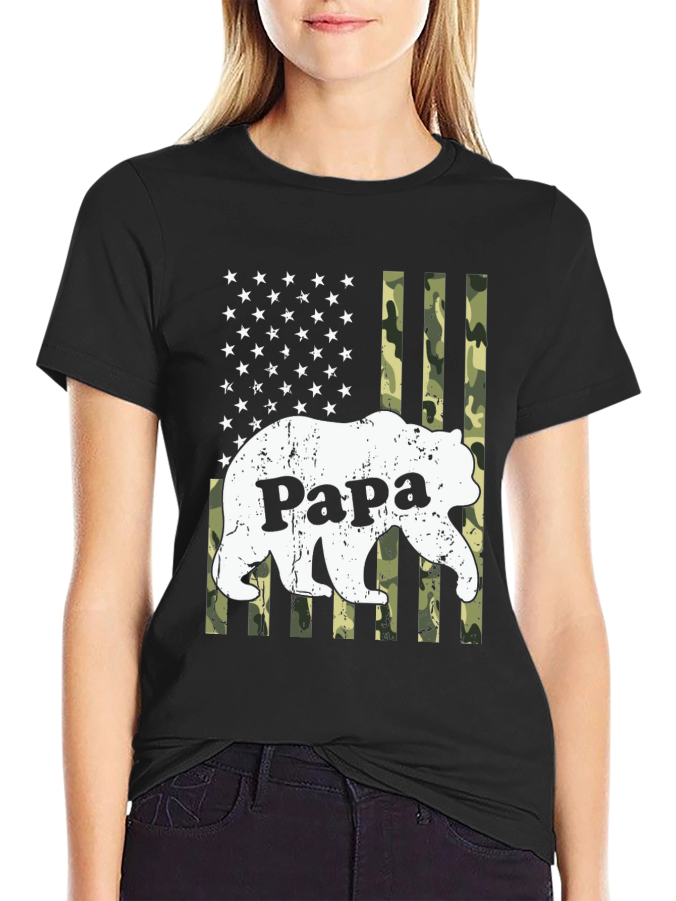 Papa Bear Camo American Flag Graphic T-Shirt