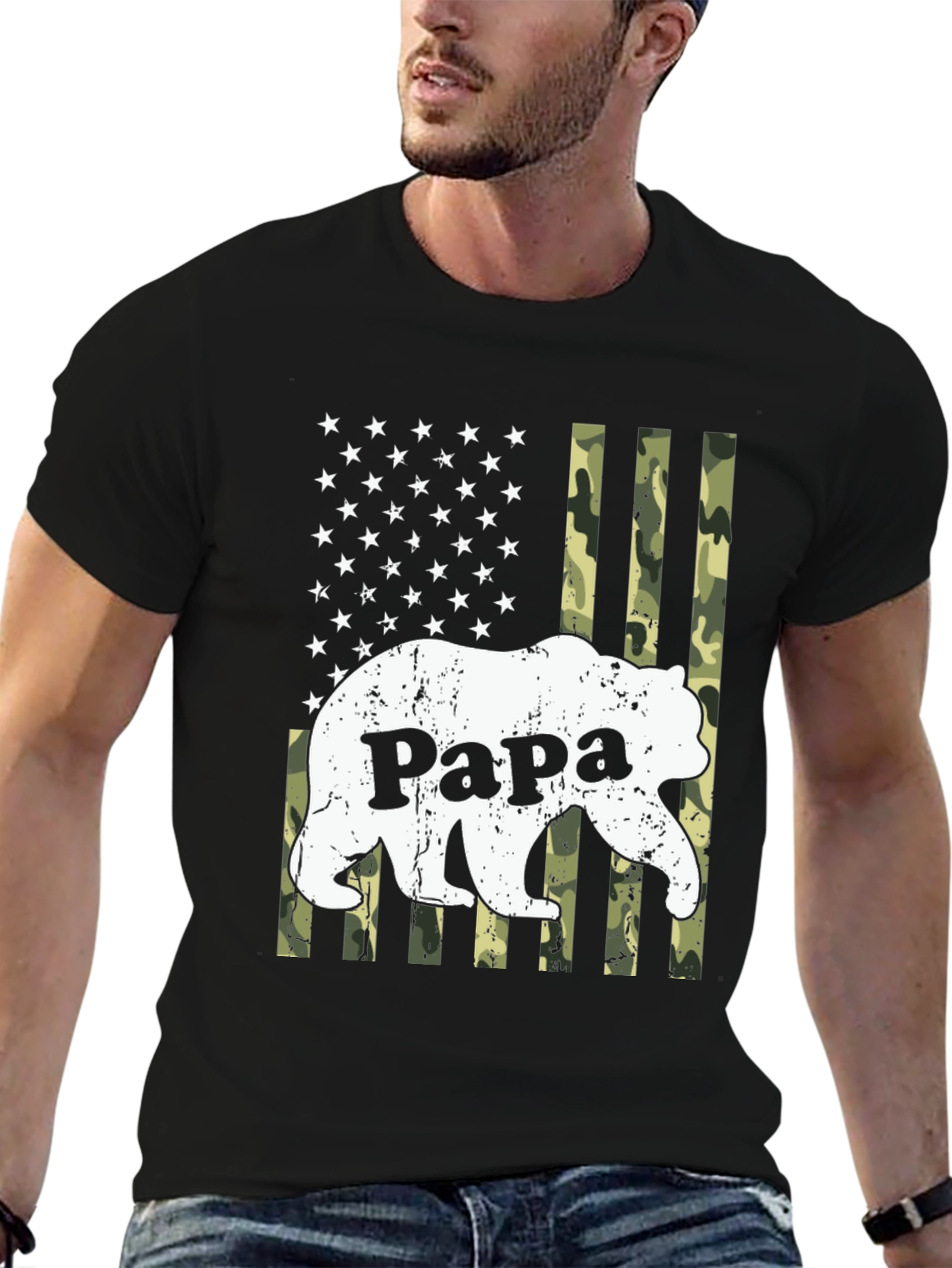 Papa Bear Camo American Flag Graphic T-Shirt