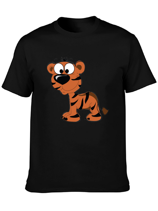 Cartoon Tiger Graphic Tee - Black Cotton T-Shirt