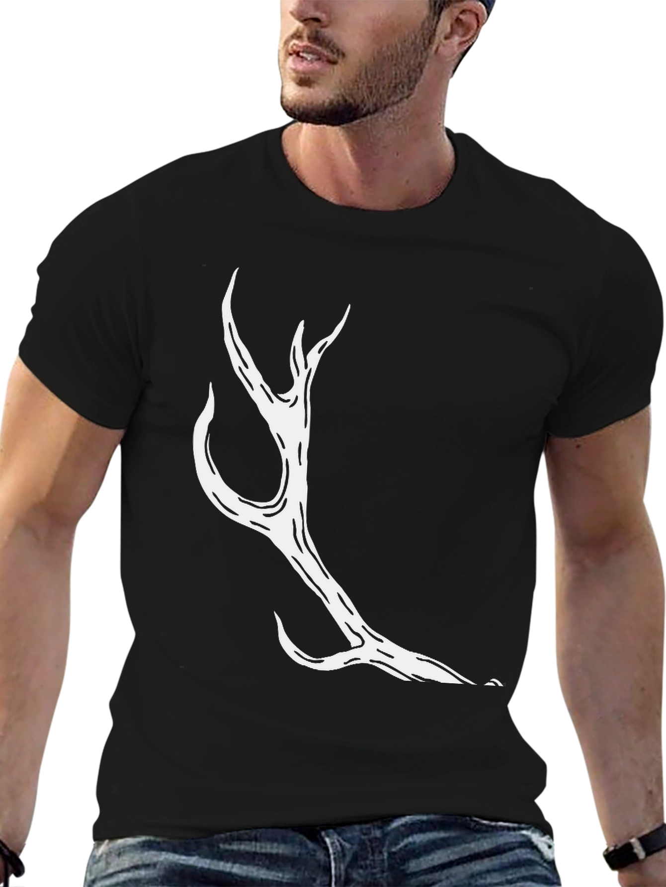 Mens Black T-Shirt with Abstract Antler Design