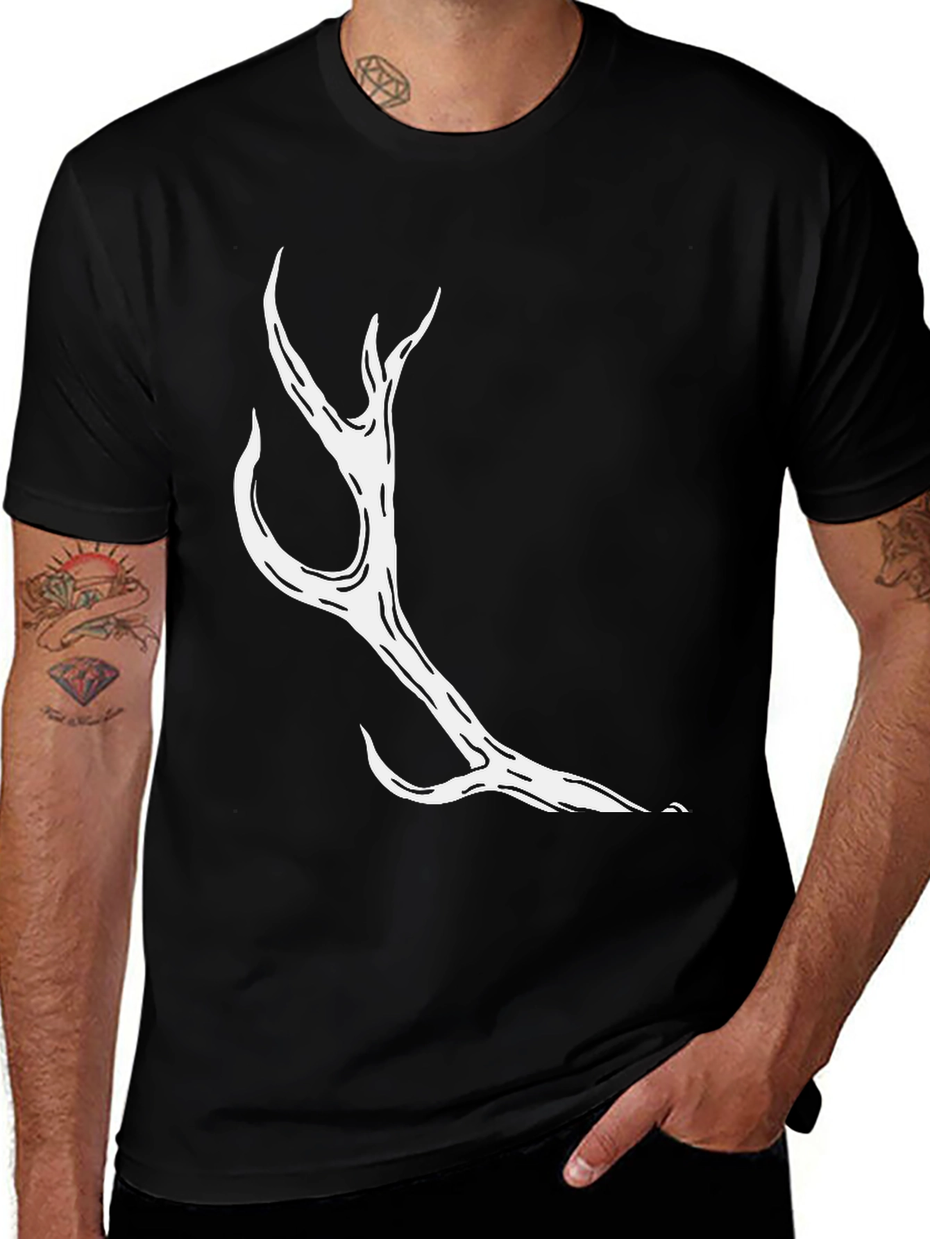 Mens Black T-Shirt with Abstract Antler Design