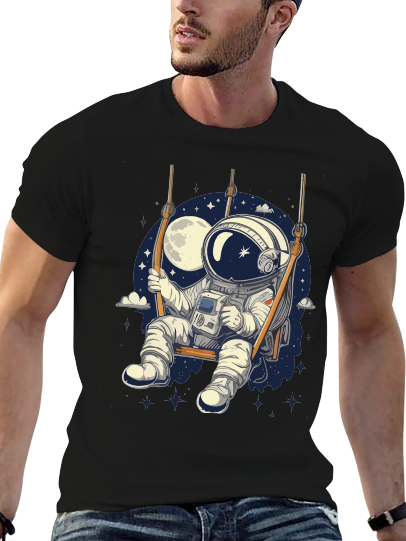 Astronaut on Swing Graphic Tee - Space Adventure T-Shirt