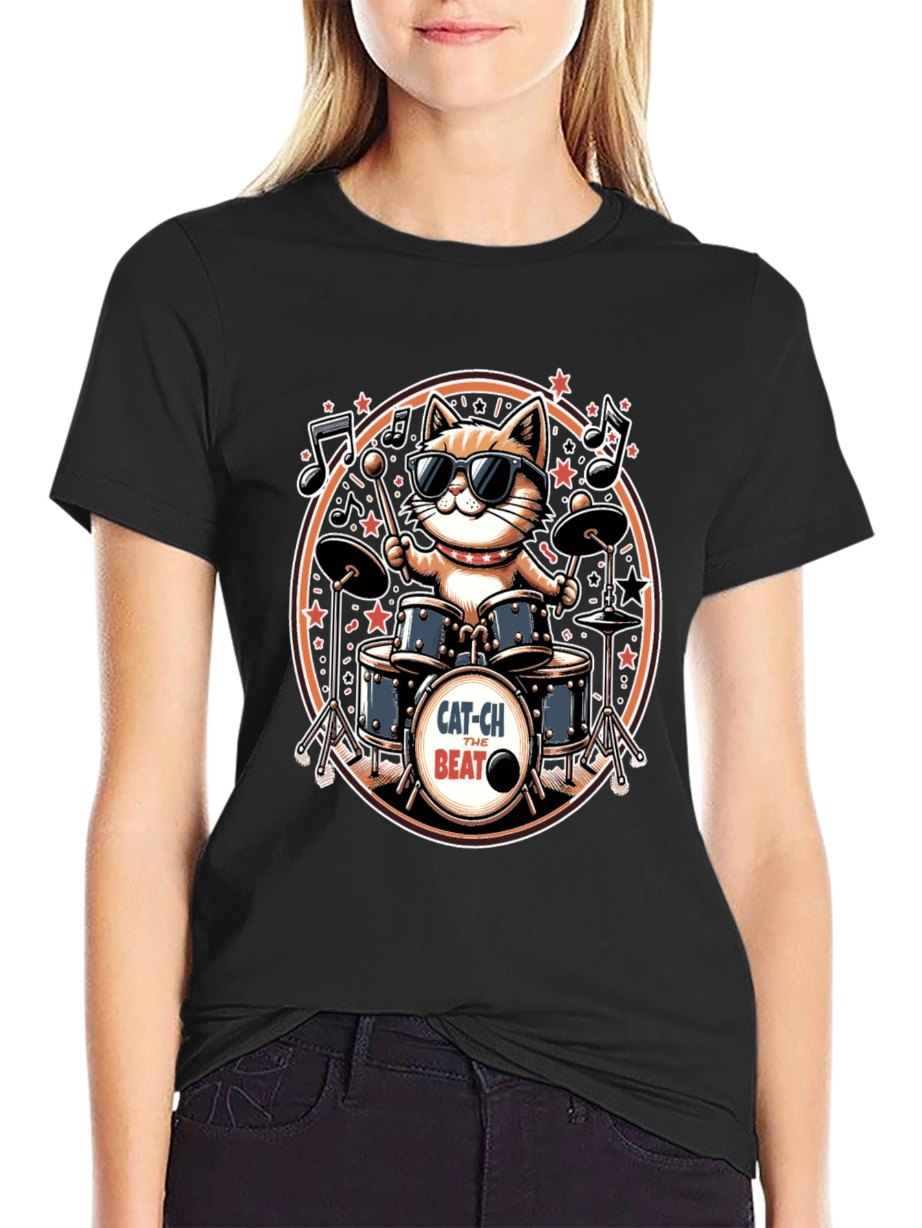 Cool Cat Drummer Graphic Tee - Black