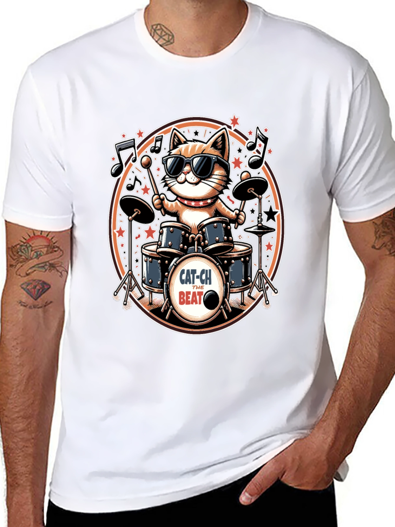 Cool Cat Drummer Graphic Tee - Black