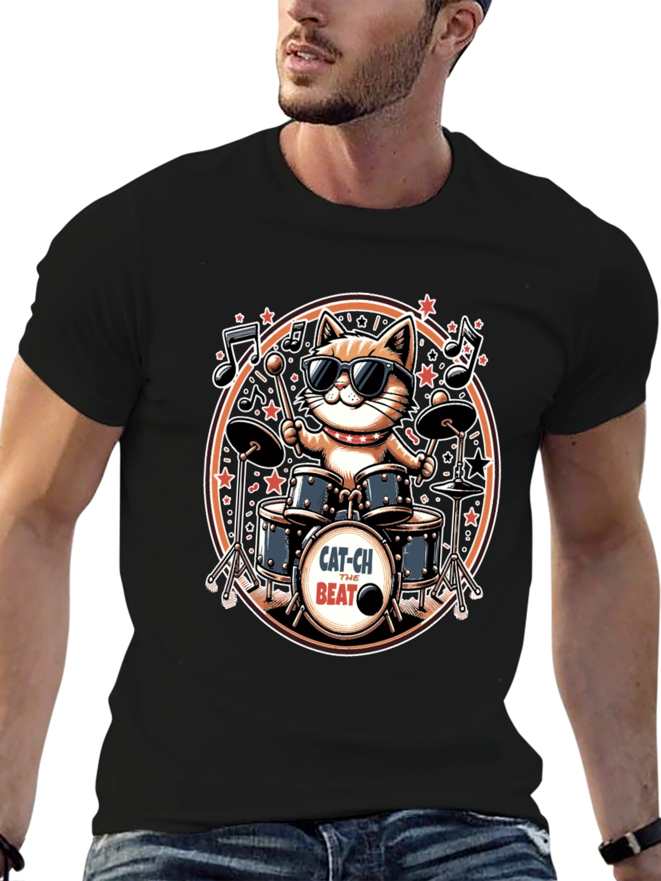 Cool Cat Drummer Graphic Tee - Black