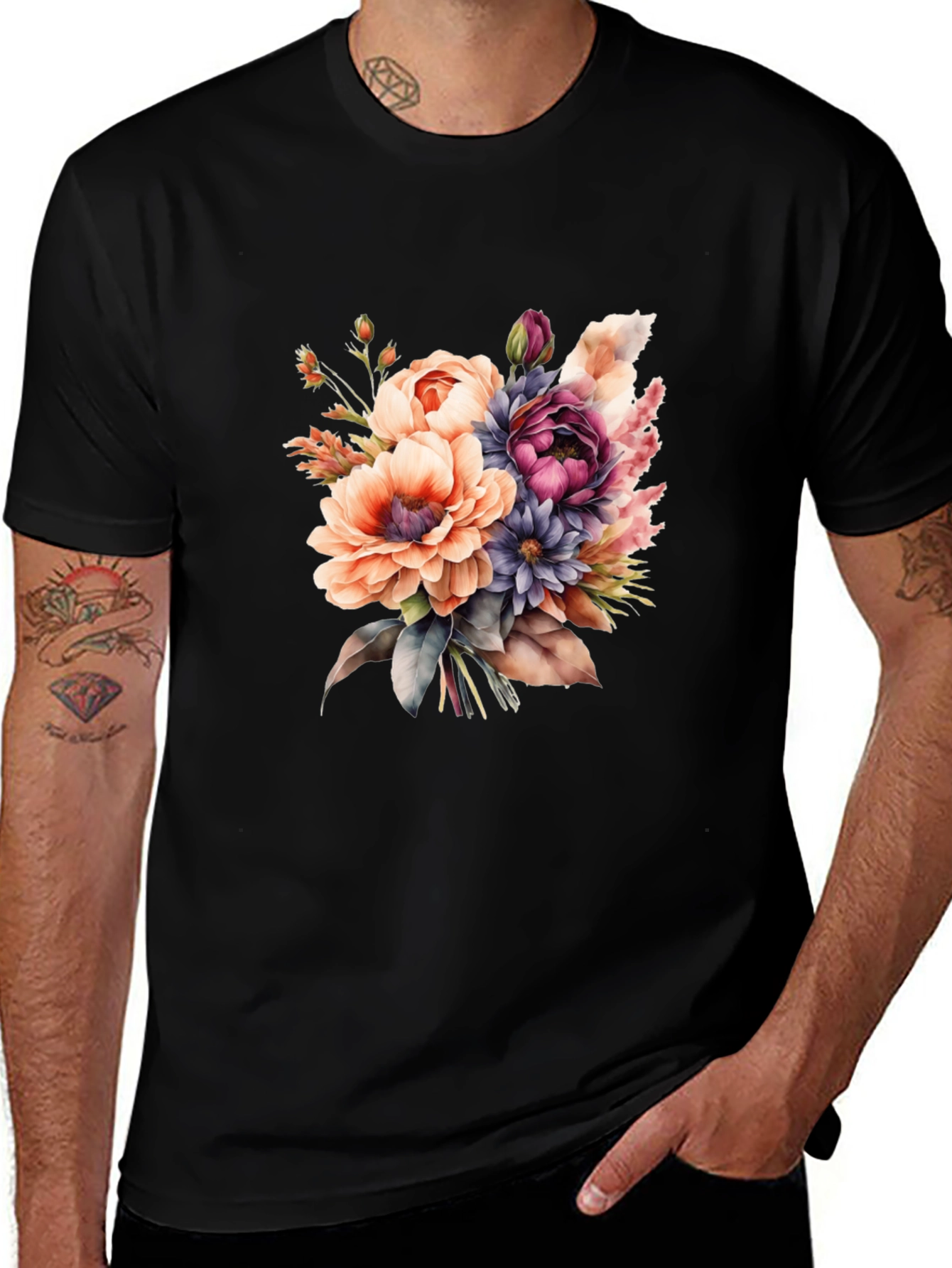 Floral Bouquet Graphic Tee - Black Cotton T-Shirt
