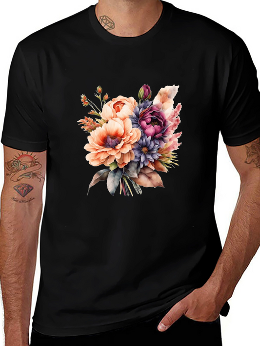 Floral Bouquet Graphic Tee - Black Cotton T-Shirt